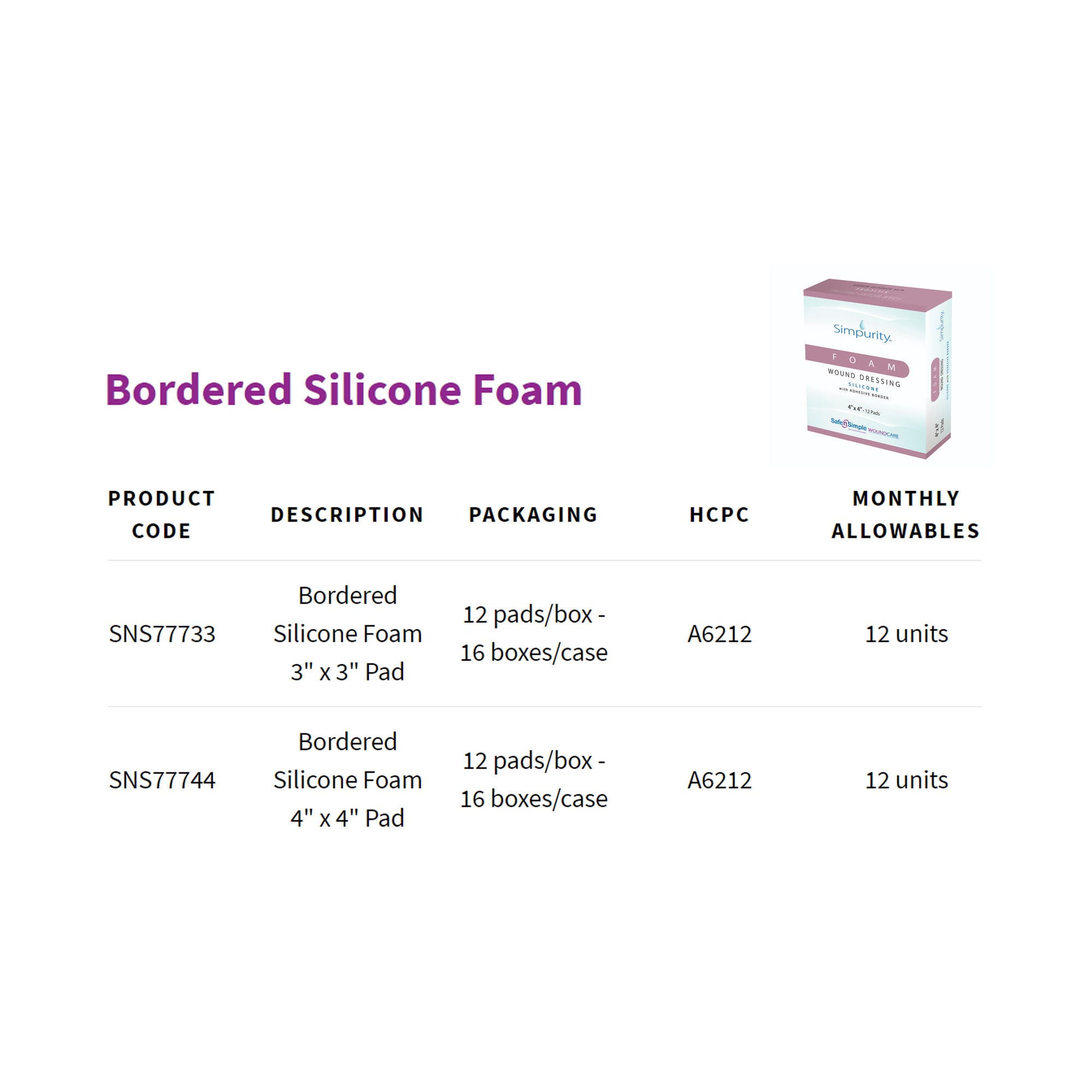 Safe N Simple - SNS77744 Foam Dressing Simpurity™ 4 X 4 Inch With Border Without Film Backing Silicone Adhesive Square Sterile