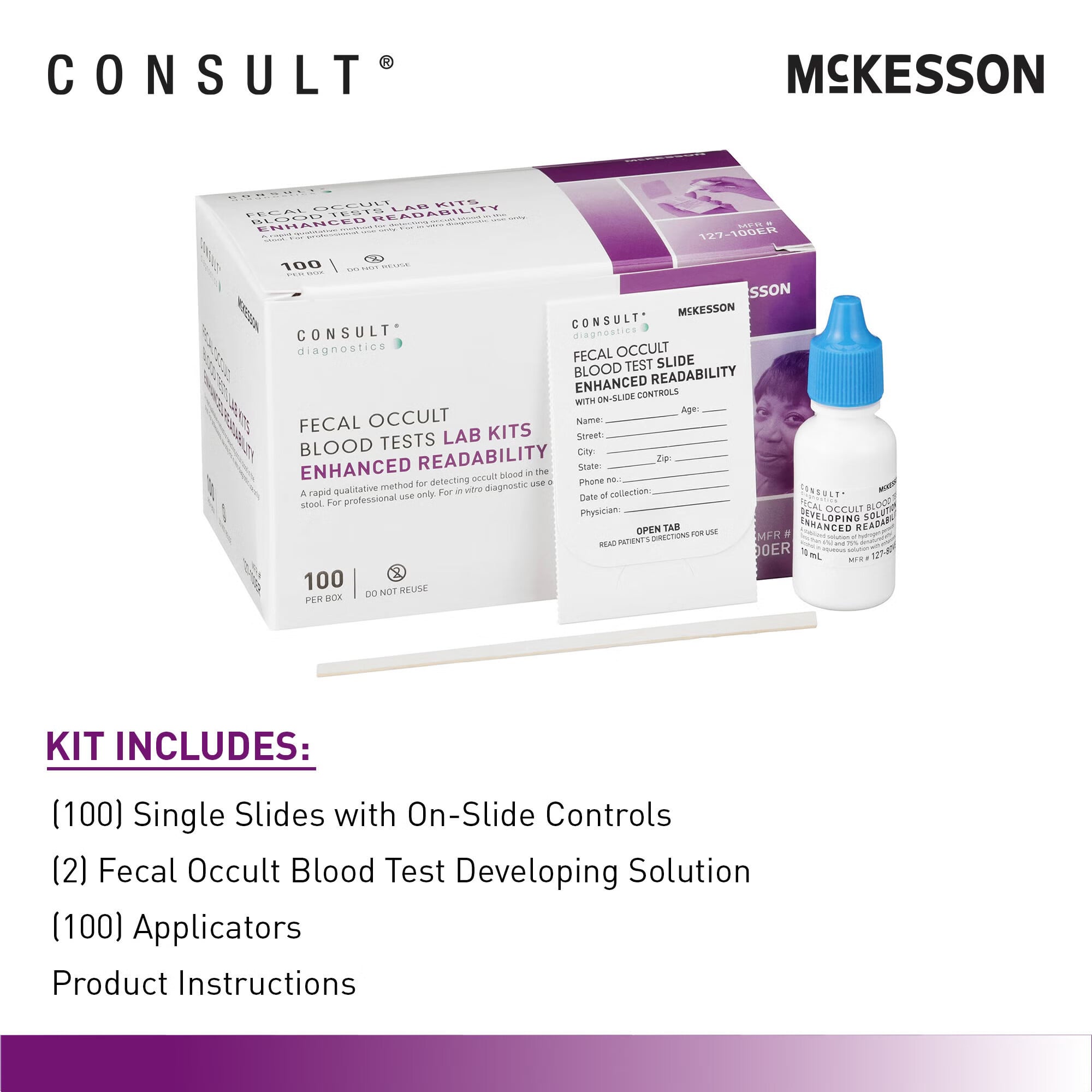 McKesson Brand - 127-100ER Cancer Screening Test Kit McKesson Consult™ Fecal Occult Blood Test (FOBT) 100 Tests CLIA Waived