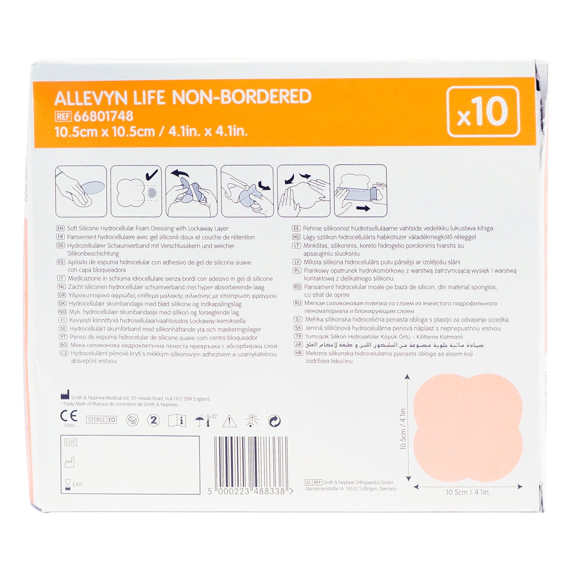 Smith & Nephew - 66801748 Foam Dressing Allevyn Life 4 X 4 Inch Without Border Film Backing Nonadhesive Square Sterile