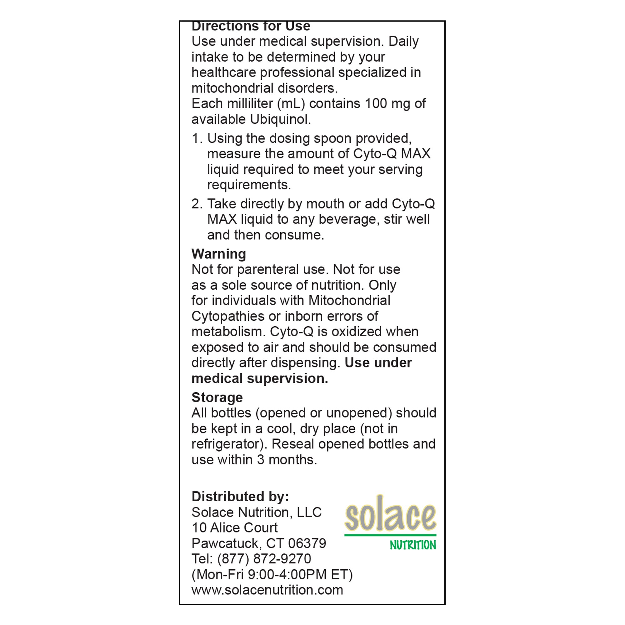 Solace Nutrition 1204 - Cyto-Q™ MAX Concentrated Ubiquinol Medical Food, 5.7-ounce bottle - 1/Bottle