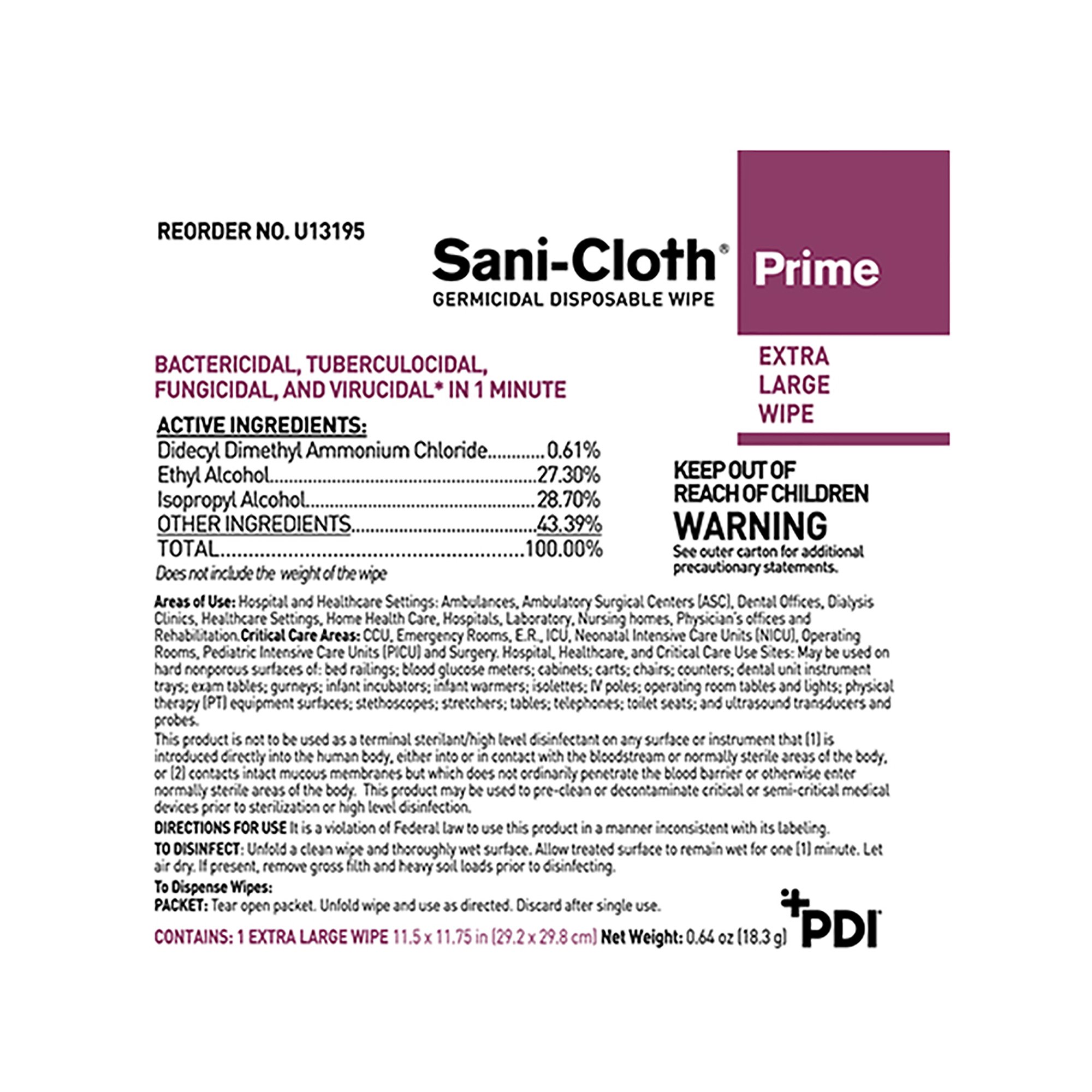 Professional Disposables U13195 - Sani-Cloth® Prime X-Large Germicidal Disinfectant Wipes, Individually Wrapped - 50/Box, 150/Case