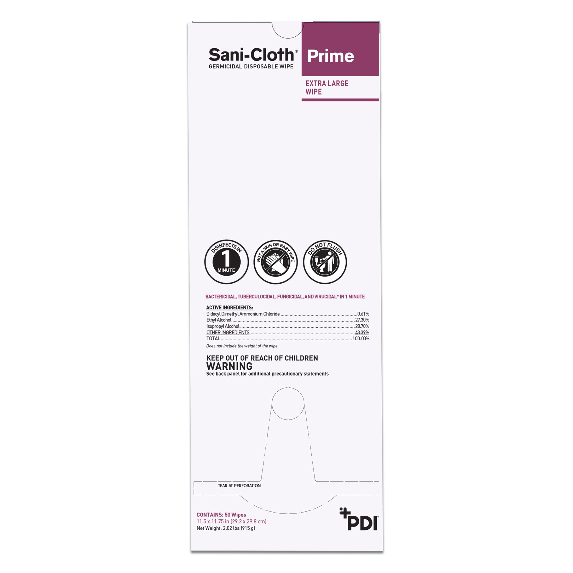 Professional Disposables U13195 - Sani-Cloth® Prime X-Large Germicidal Disinfectant Wipes, Individually Wrapped - 50/Box, 150/Case