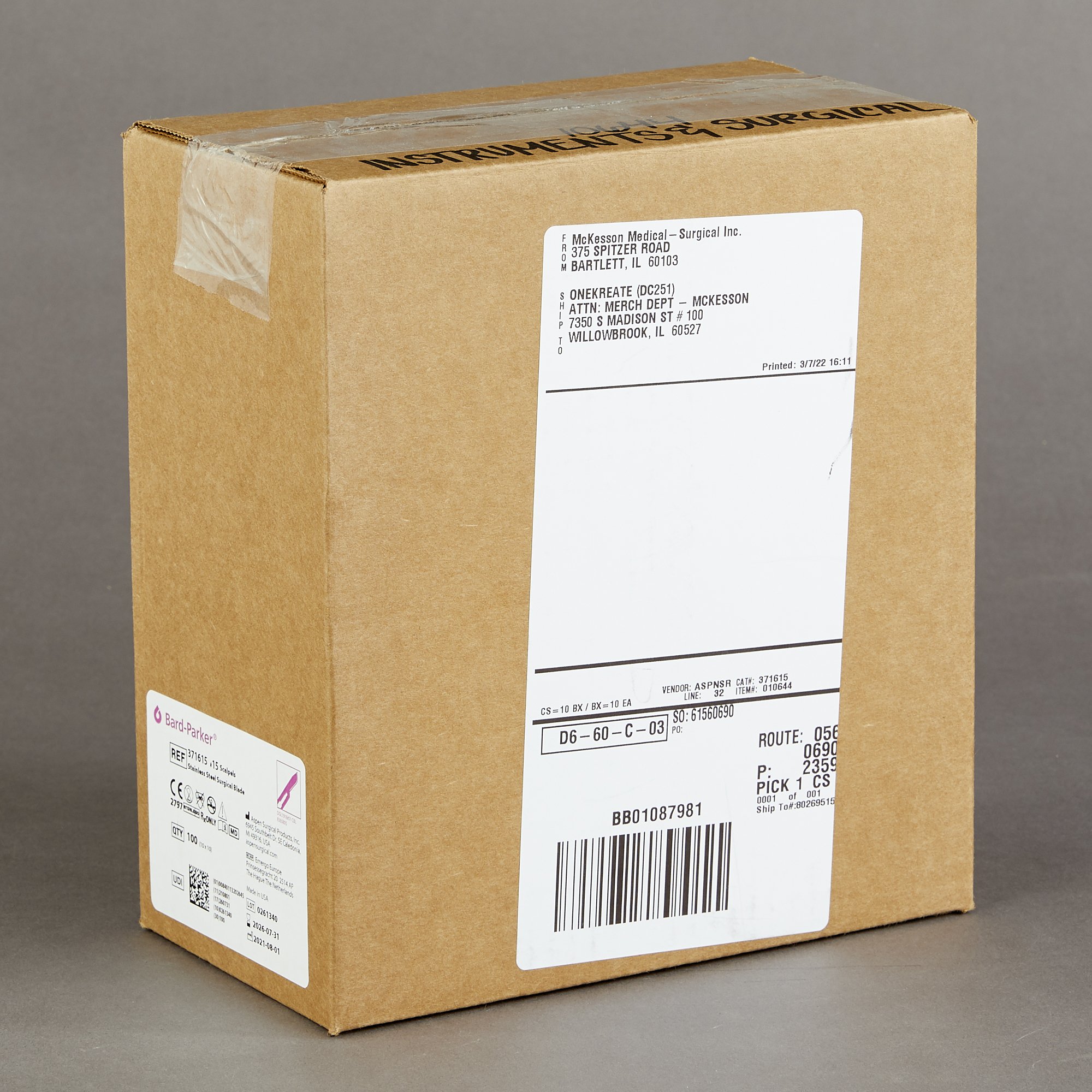 Aspen Surgical Products 371615 - Bard-Parker® Disposable Scalpel, Size 15 - 1/Each, 10/Box, 100/Case