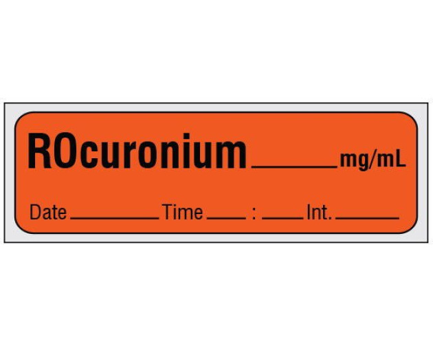 Shamrock Scientific - SA-2214-DTI-PRE Drug Label Shamrock Syringe Label Rocuronium_mg/mL Date_Time_Int_ Fluorescent Red 1/2 X 1 Inch