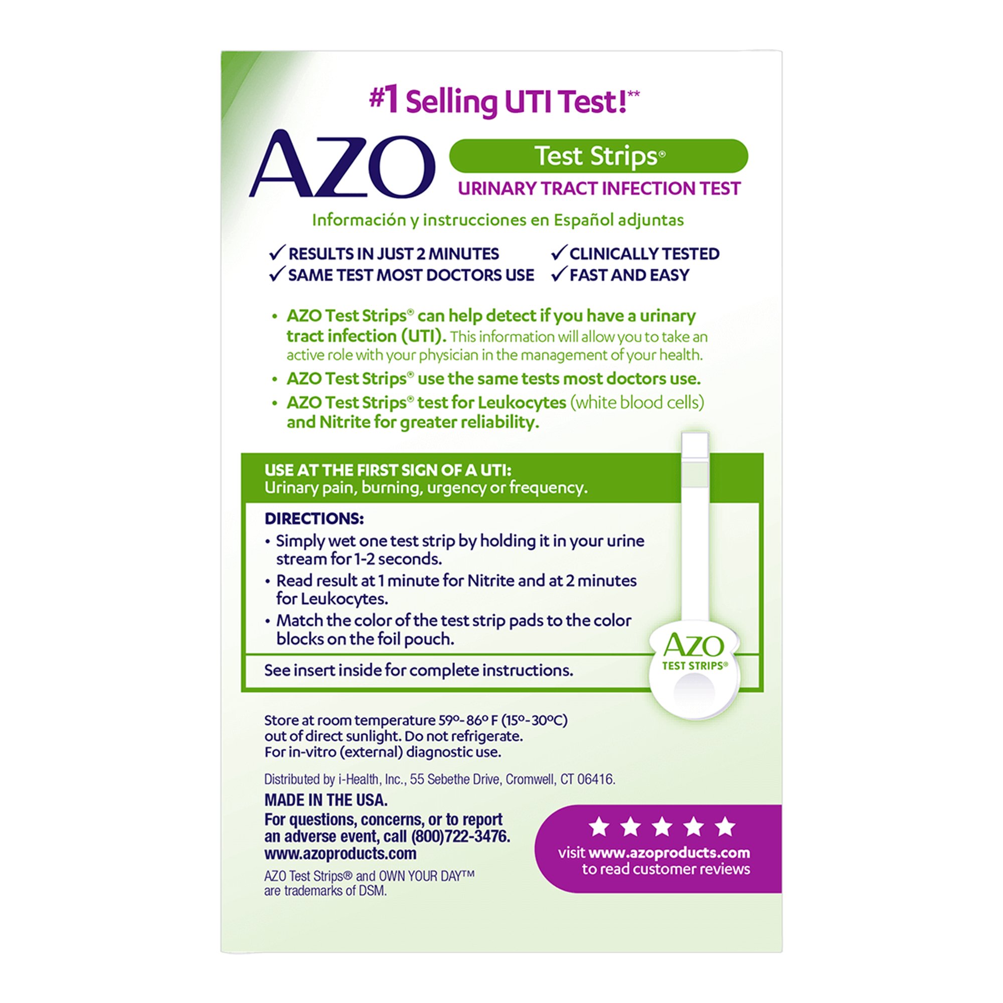 i-Health Inc 78765103267 - AZO Test Strips® Urinary Tract Infection Kit - 1/Box