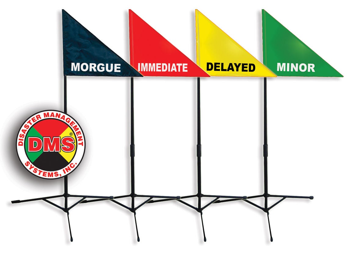 Disaster Management Systems - DMS-05012 Treatment Area Flag Kit (1)Red, Immediate Flag, (1) Yellow, Delayed Flag, (1) Green, Minor Flag, (1) Black, Morgue Flag, (4) Fold-Up Tripod Bases, (4) Telescopic Poles, (1)Durable Carry Bag