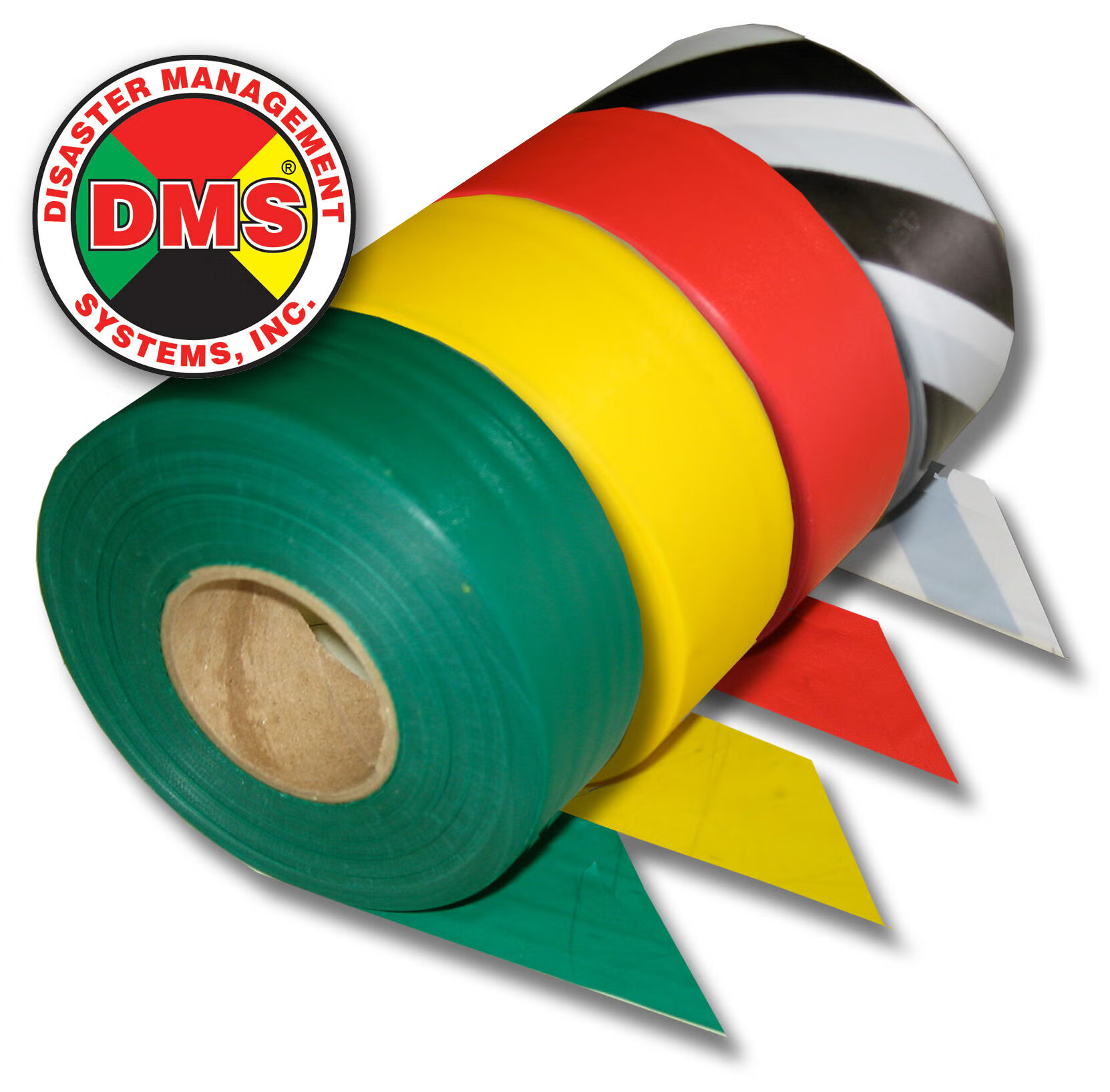 Disaster Management Systems - DMS-05793 Triage Ribbon 4-Pack Contains: (1) 300 Foot Roll DMS-05791 Immediate - Red, (1) 300 Foot Roll DMS-05790 Delayed- Yellow, (1) 300 Foot Roll DMS-05789 Minor- Green, (1) 300 Foot Roll DMS-05792 Morgue/Expectant Black a
