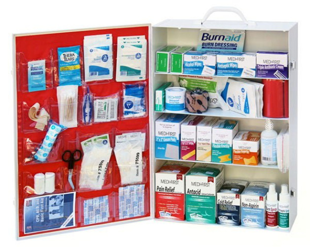 Medique Products - 734ANSI First Aid Cabinet Wall Mount Metal Without Drawers 4 Shelves Two Latch