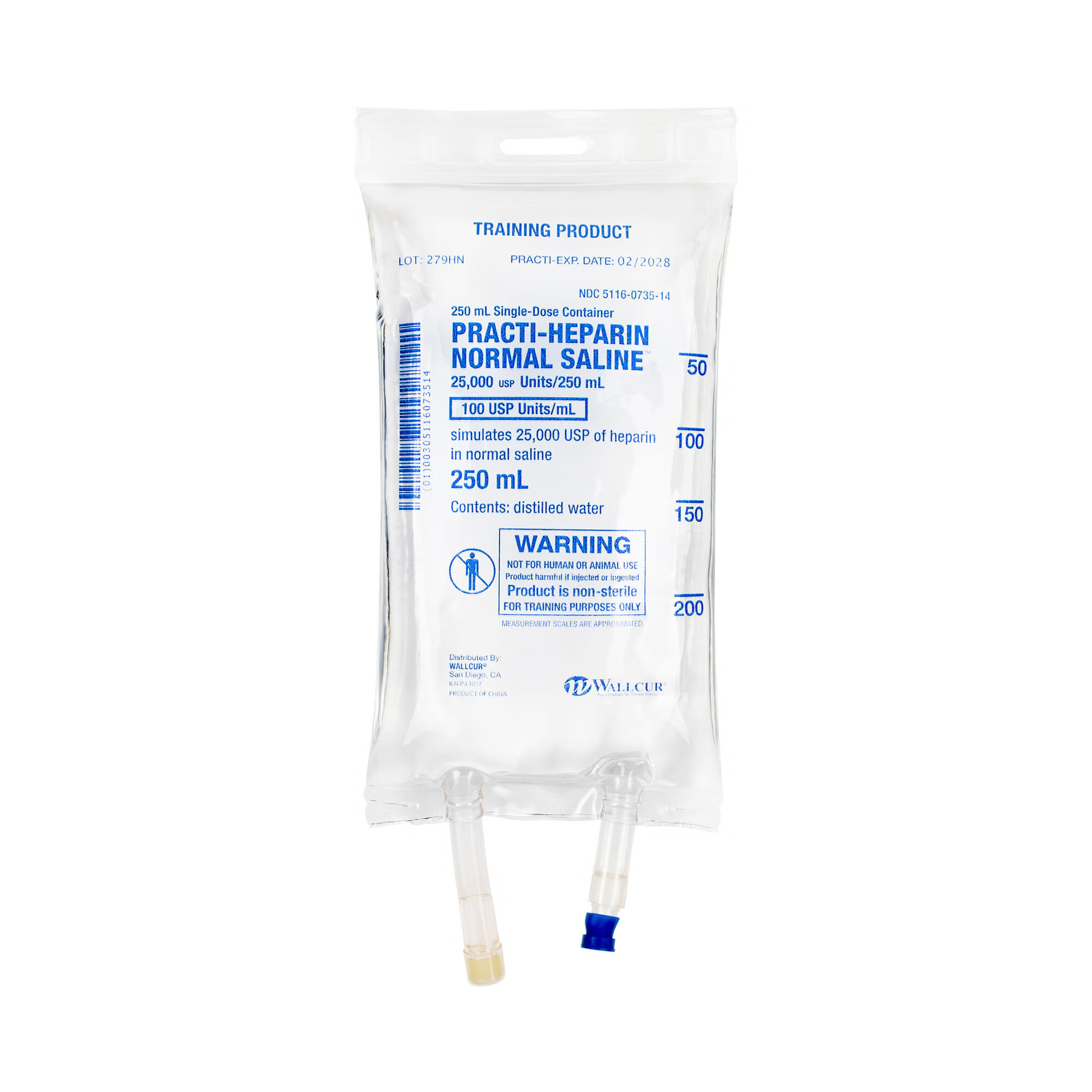 Wallcur - 279HN Clinical Training Medication Practi-Heparin Normal Saline™ Liquid I.V. Bag 250 mL