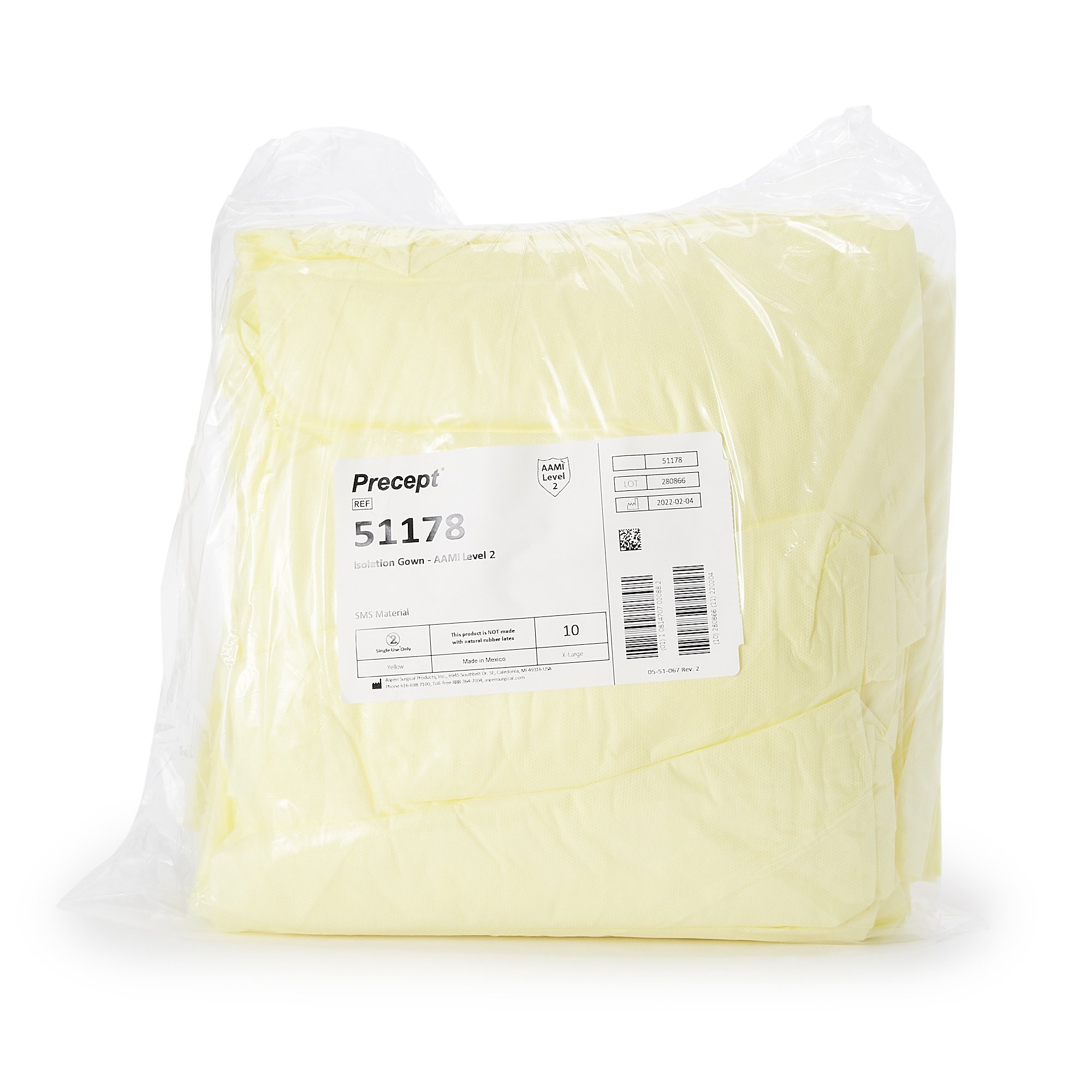 Aspen Surgical Products 51178 - Precept® Full Coverage Isolation Gown, Extra Large - 10/Bag, 100/Case