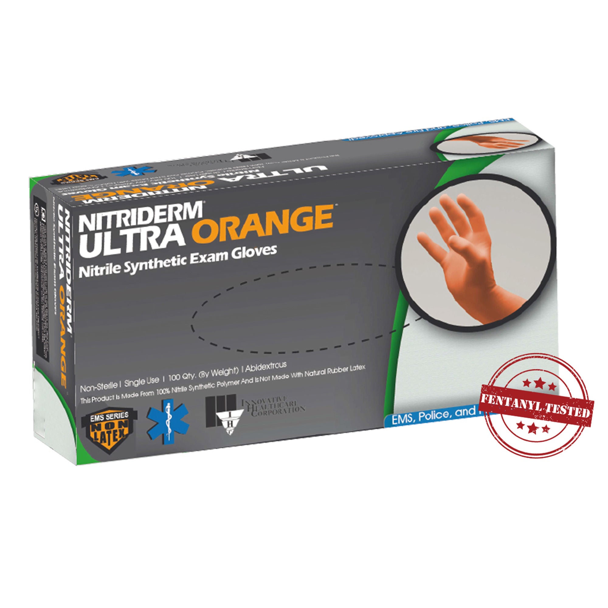 Innovative Healthcare Corp - 199450 Exam Glove NitriDerm® Ultra Orange™ 3X-Large 90 per Box NonSterile Nitrile Standard Cuff Length Fully Textured Orange Chemo Tested / Fentanyl Tested