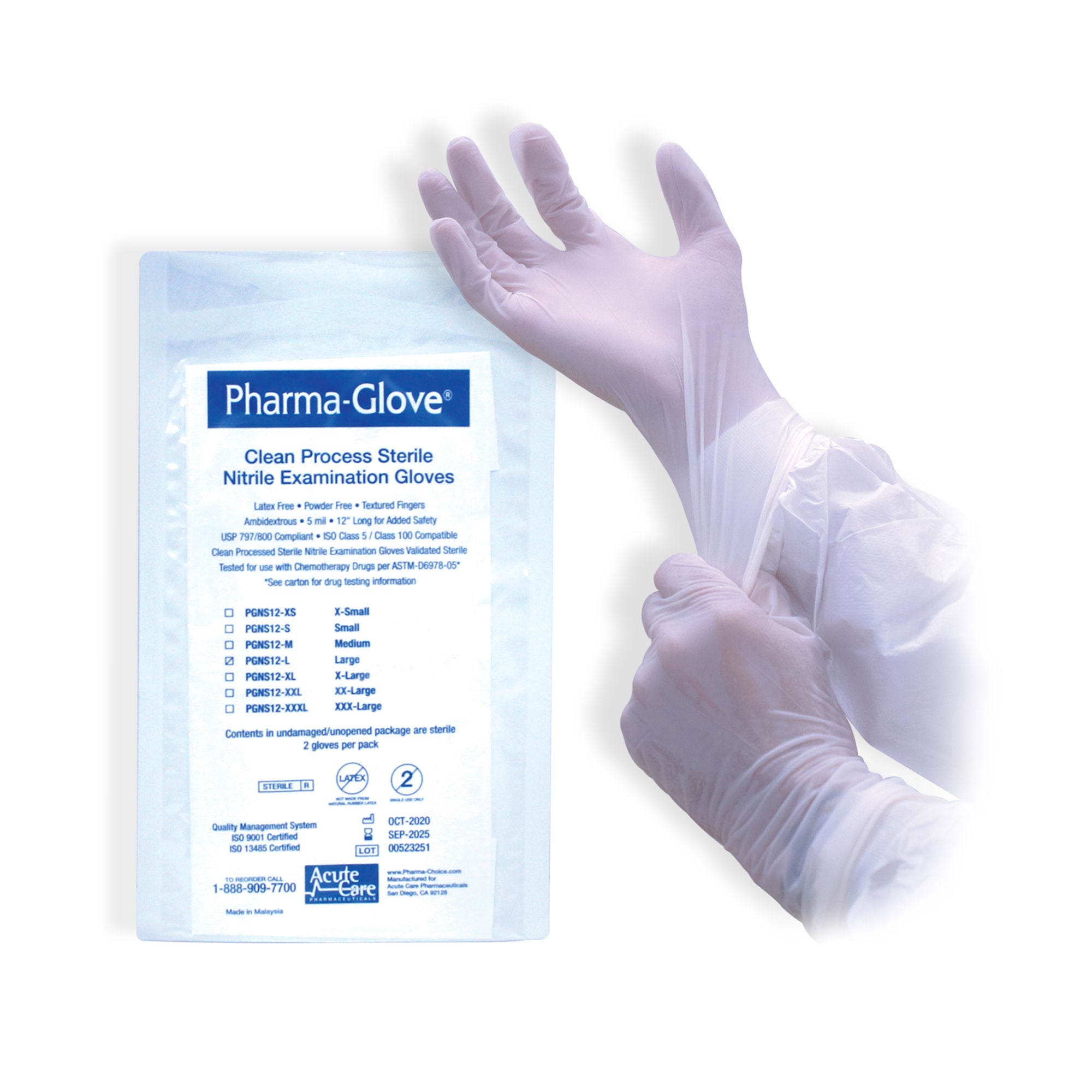 Acute Care Pharmaceuticals - 09492229344 Exam Glove Pharma-Gloves™ Medium 50 Pairs per Bag Sterile Pair Nitrile Extended Cuff Length Smooth White Chemo Tested