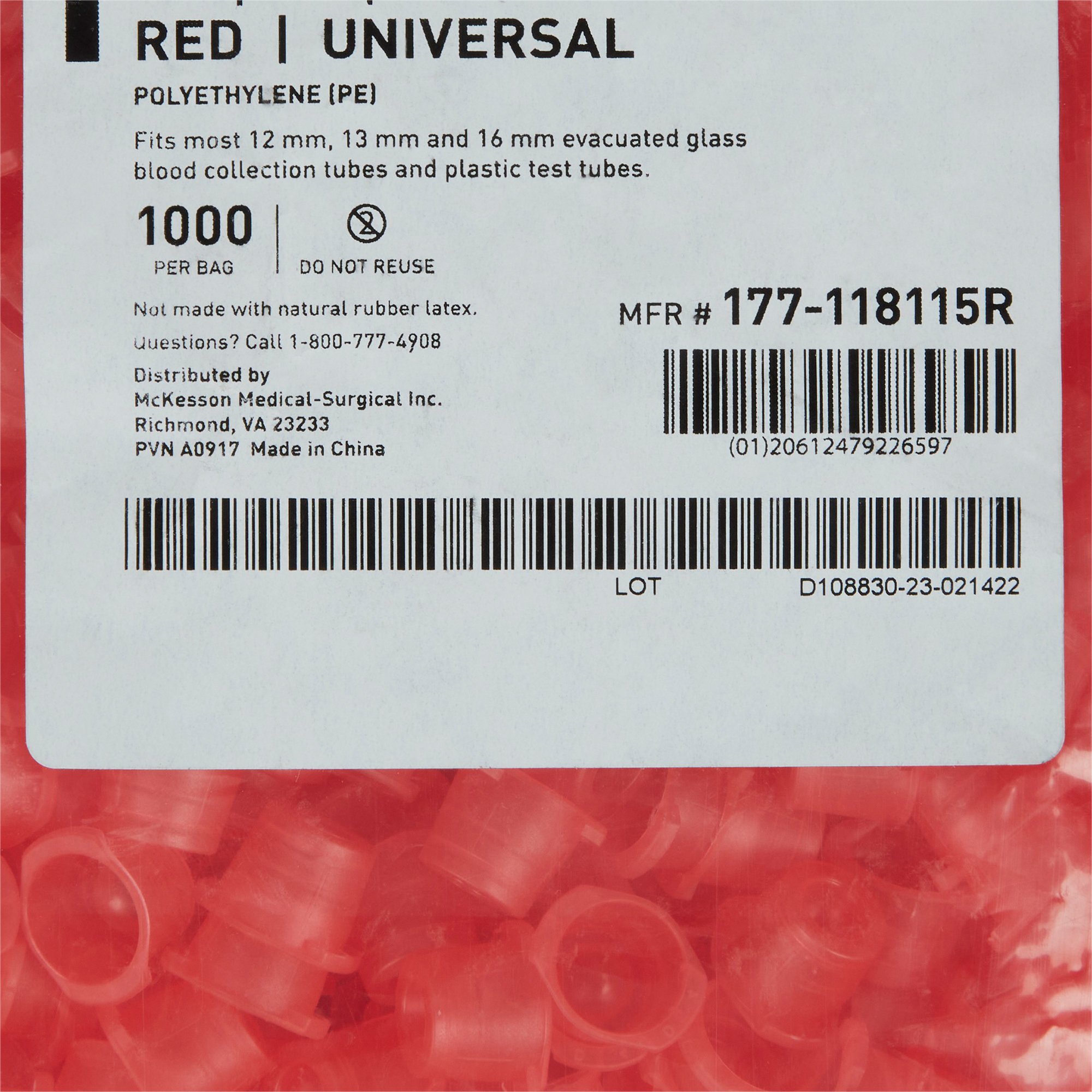 McKesson Brand 177-118115R - McKesson Red Tube Closure, 12, 13 and 16 mm - 1000/Bag