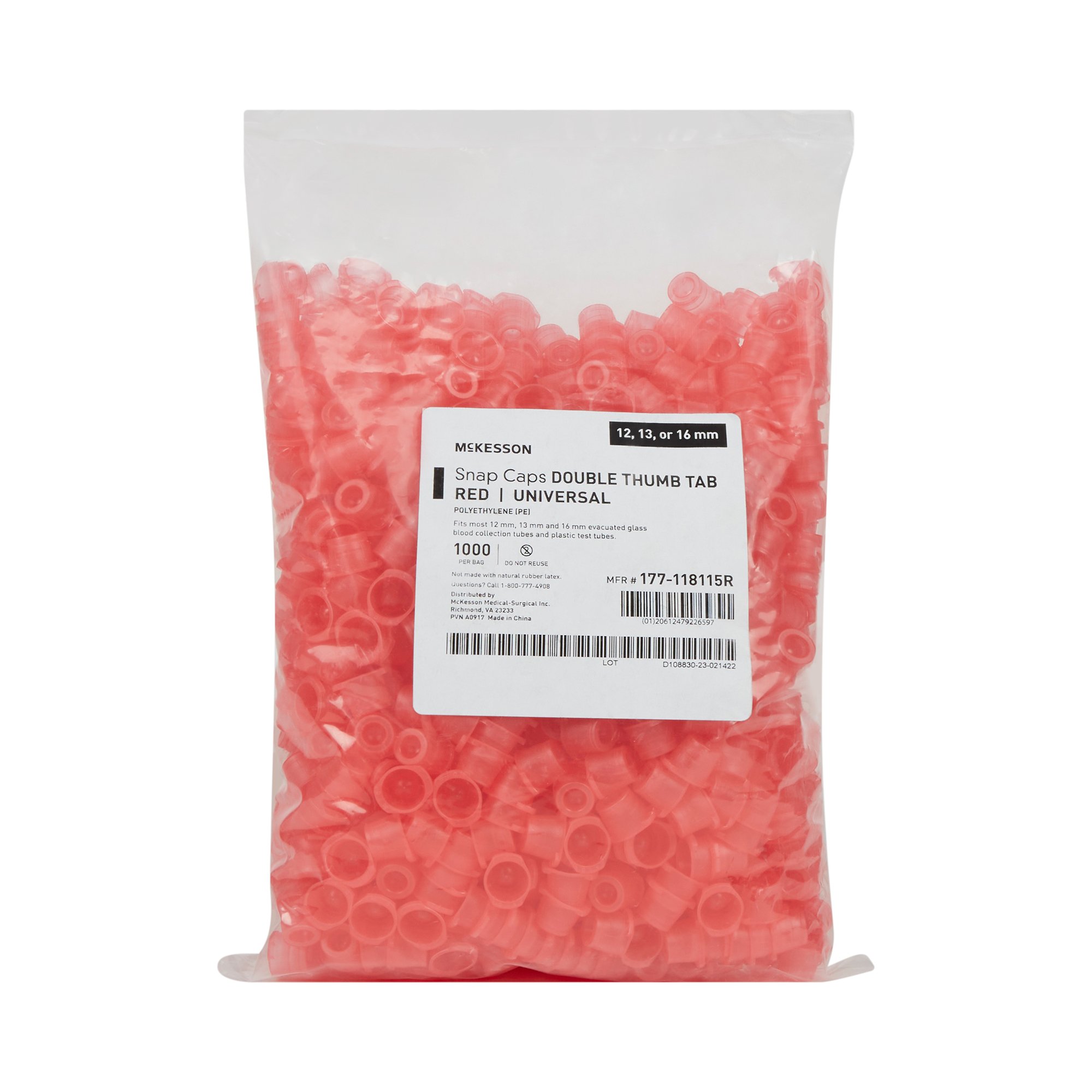 McKesson Brand 177-118115R - McKesson Red Tube Closure, 12, 13 and 16 mm - 1000/Bag