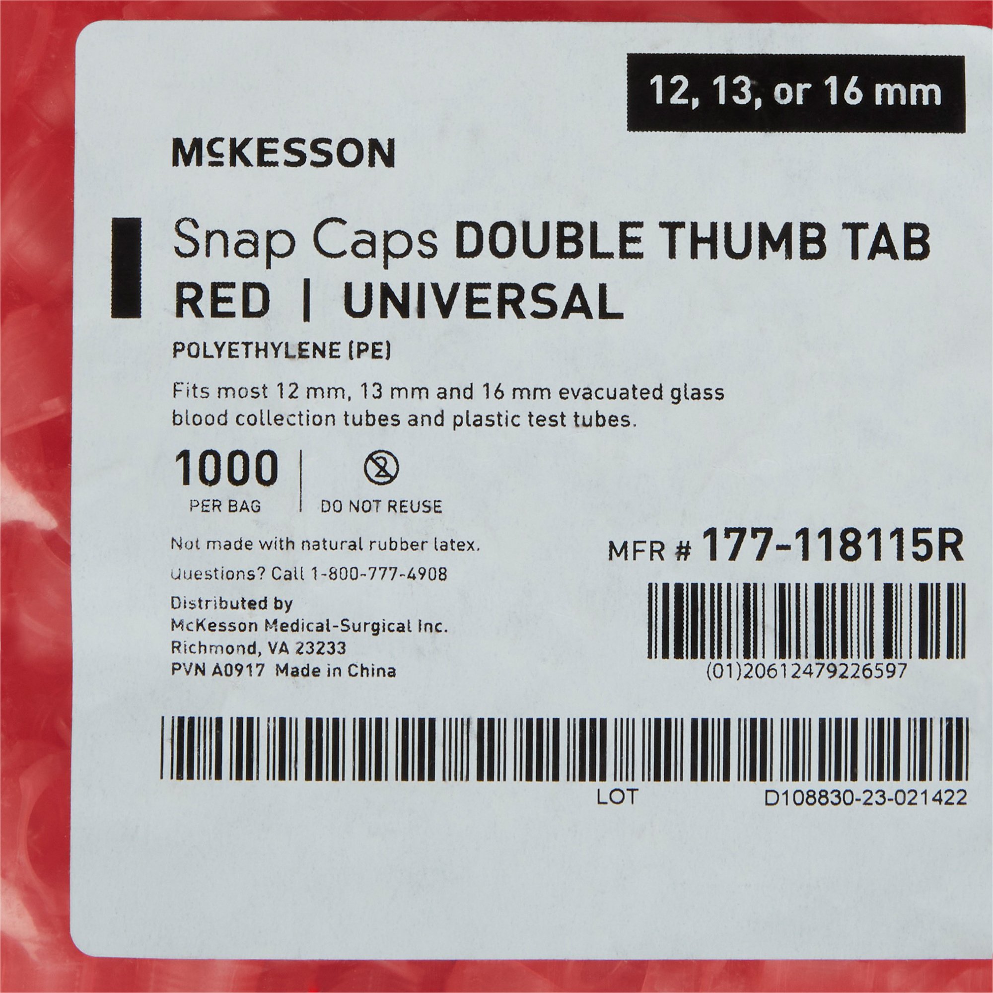 McKesson Brand 177-118115R - McKesson Red Tube Closure, 12, 13 and 16 mm - 1000/Bag