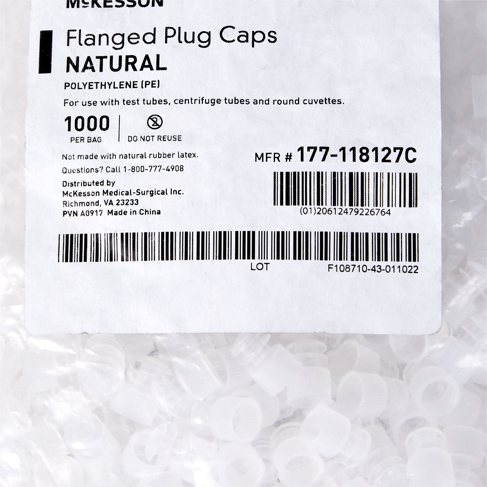 McKesson Brand 177-118127C - McKesson Flanged Plug Cap, Colorless, Polyethylene, for 12 mm Tubes - 1000/Bag