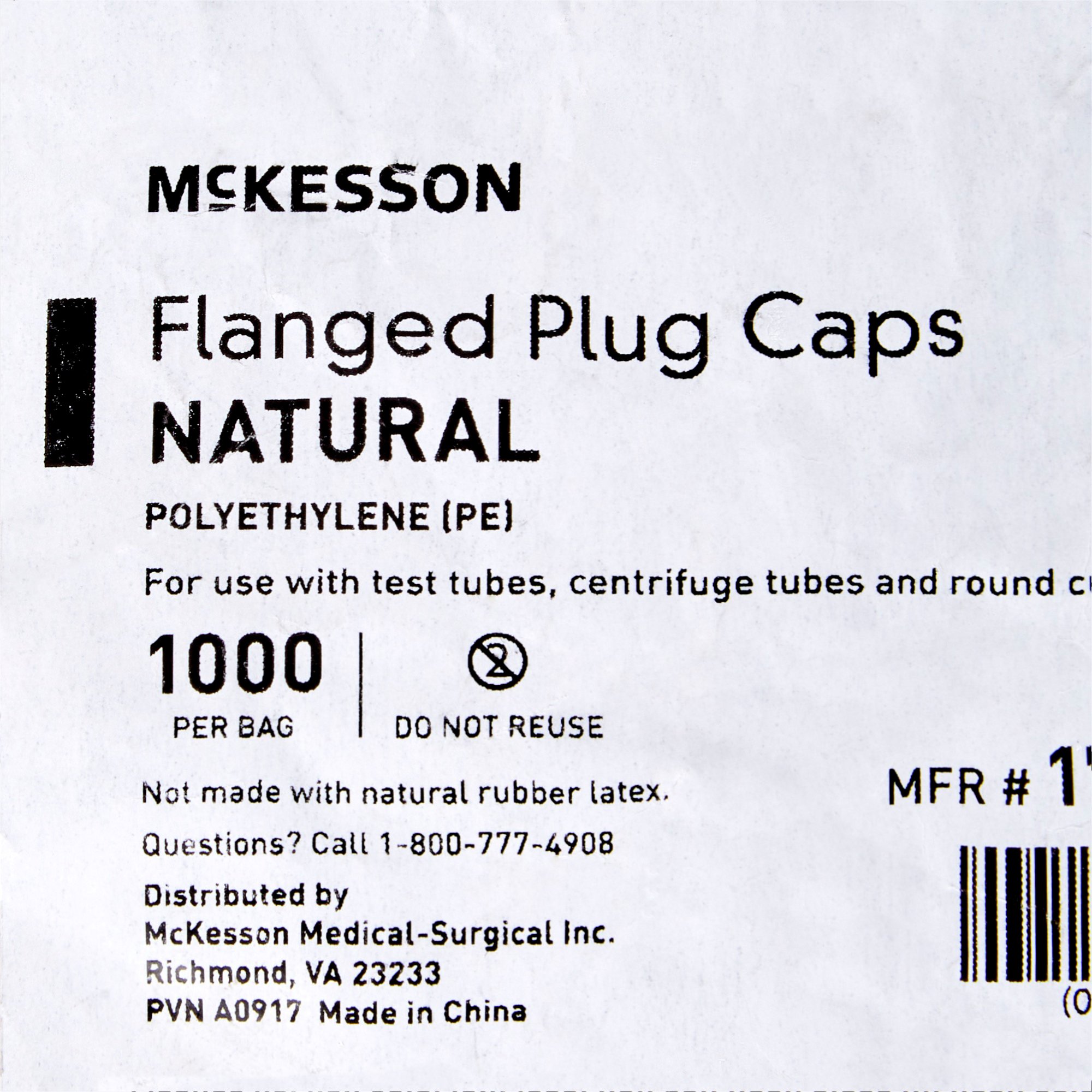 McKesson Brand 177-118127C - McKesson Flanged Plug Cap, Colorless, Polyethylene, for 12 mm Tubes - 1000/Bag