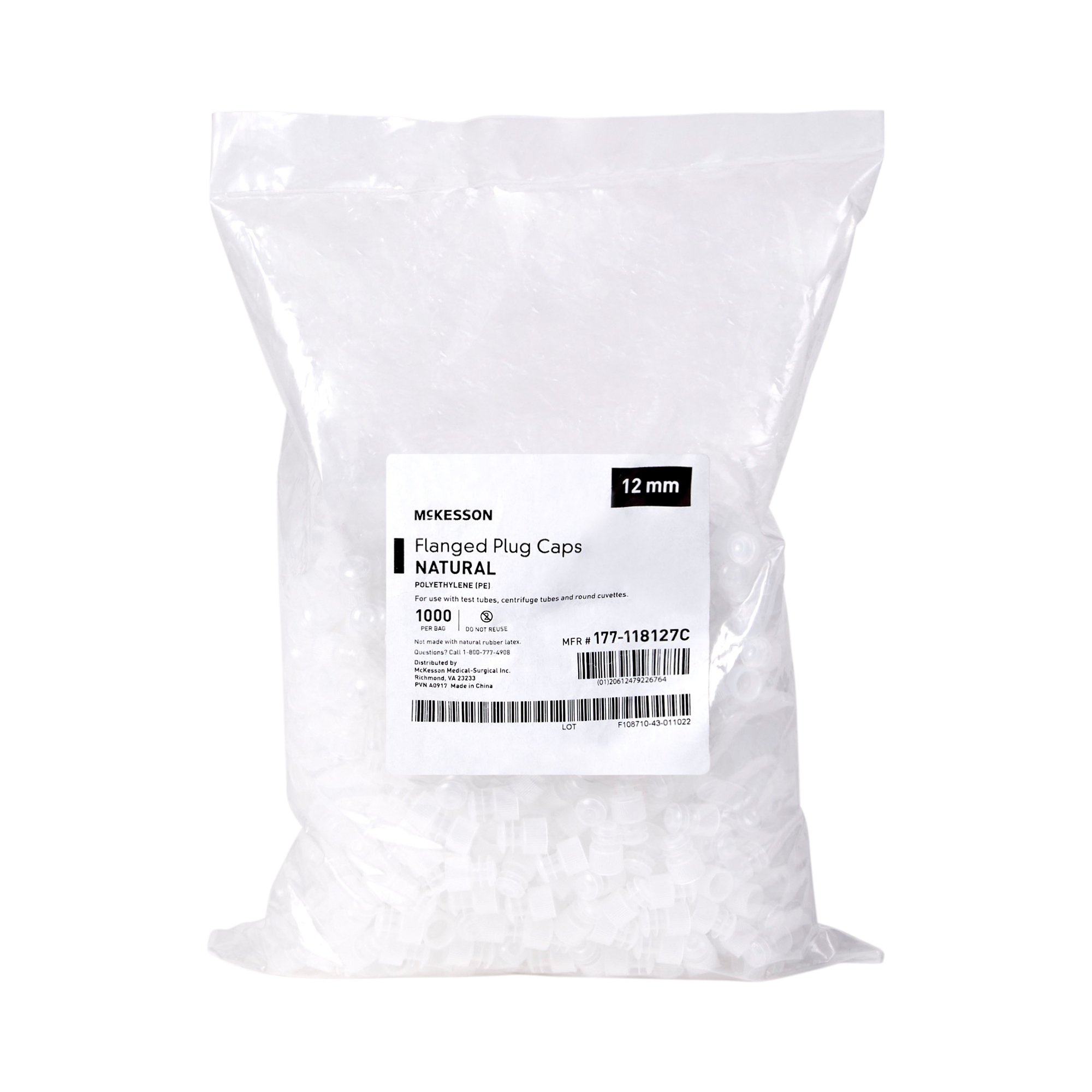 McKesson Brand 177-118127C - McKesson Flanged Plug Cap, Colorless, Polyethylene, for 12 mm Tubes - 1000/Bag
