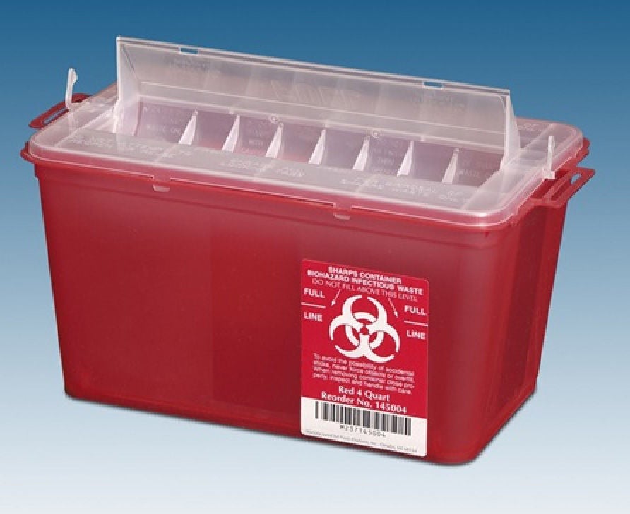 Plasti-Products - 145004 Sharps Container Plasti-Products Translucent Red Base 7-1/4 H X 11-3/4 W X 6-3/4 D Inch Horizontal Entry 1 gal.