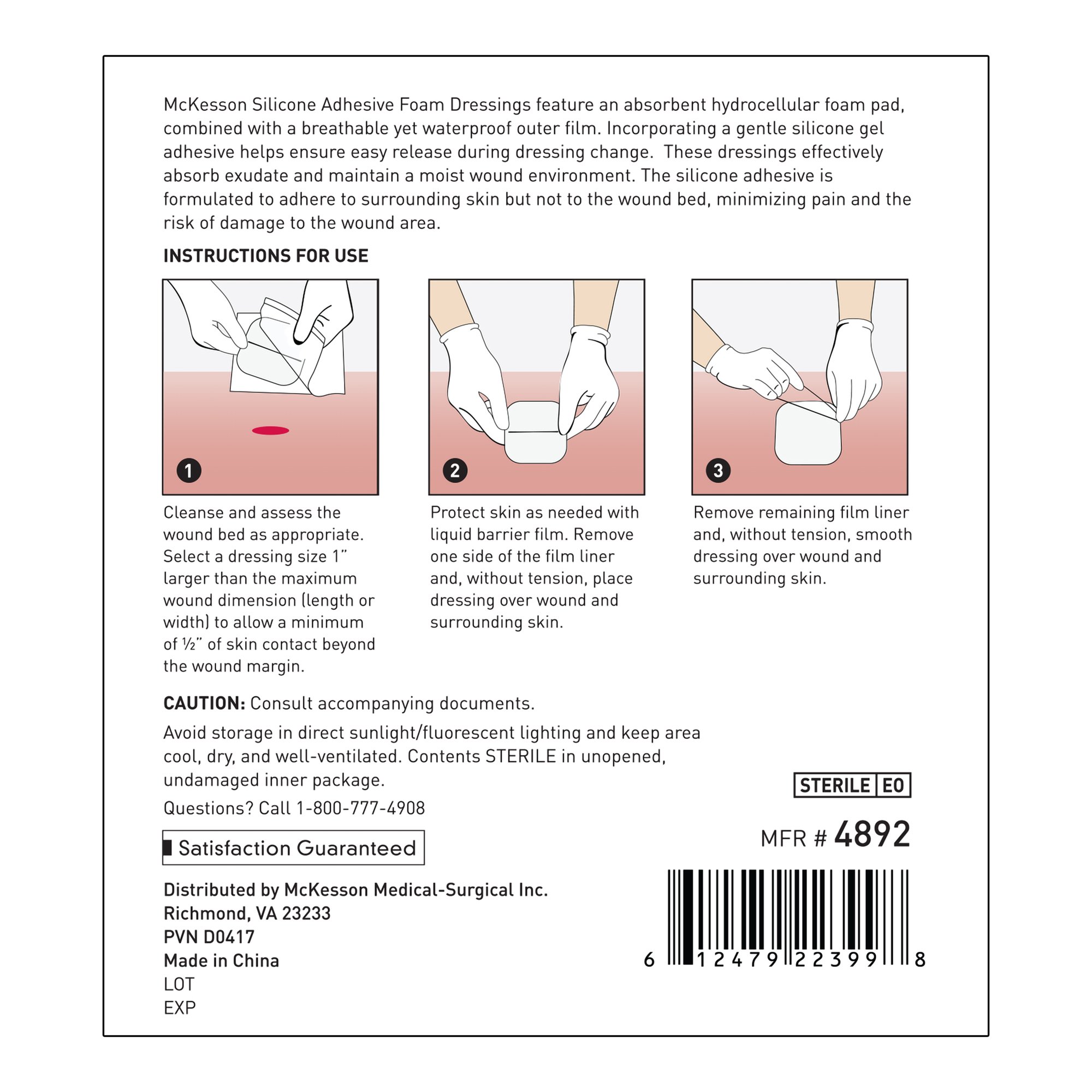 McKesson Brand 4892 - McKesson Lite Hydrocellular Foam Dressing w/ Silicone Adhesive w/o Border, 3 x 3 - 1/Each, 10/Box, 200/Case