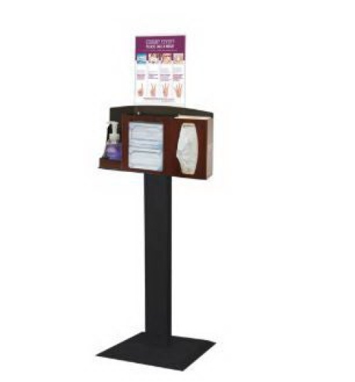 Bowman Manufacturing - BD111-0033 Hygiene Dispensing Station Signature Series Floor Stand Cherry / Black / Clear 18 X 18 X 58.36 Inch, 3 Compartment ABS Plastic / Powder-Coated Steel / PETG Plastic