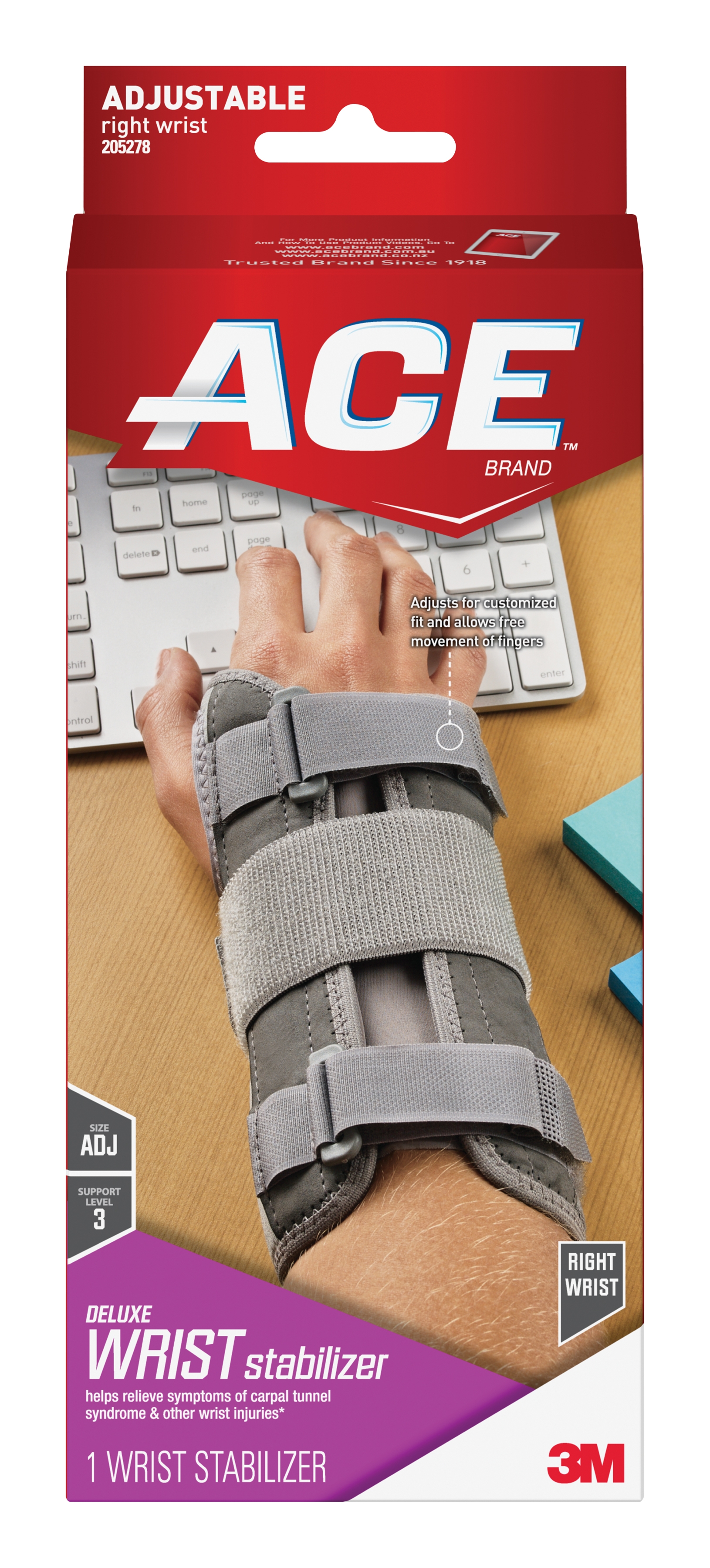 3M Company 205278 - 3M™ Ace™ Right Wrist Brace, One Size Fits Most - 1/Each, 12/Box