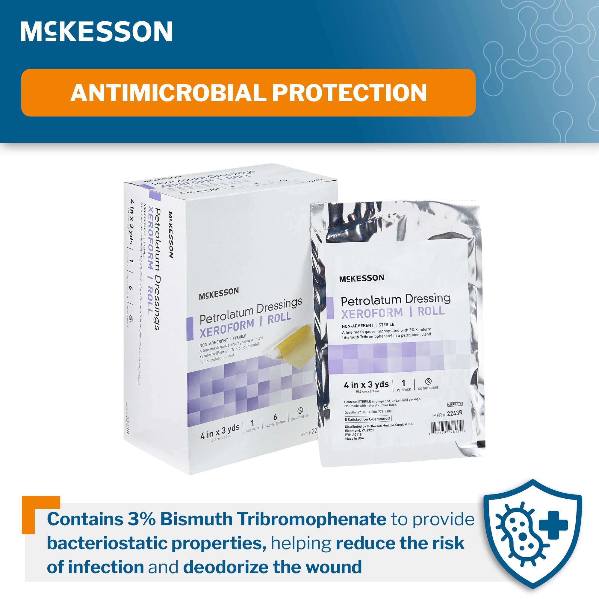 McKesson Brand 2243R - McKesson Xeroform Petrolatum Impregnated Dressing, 4 Inch x 3 Yard - 1/Roll, 6/Box, 36/Case