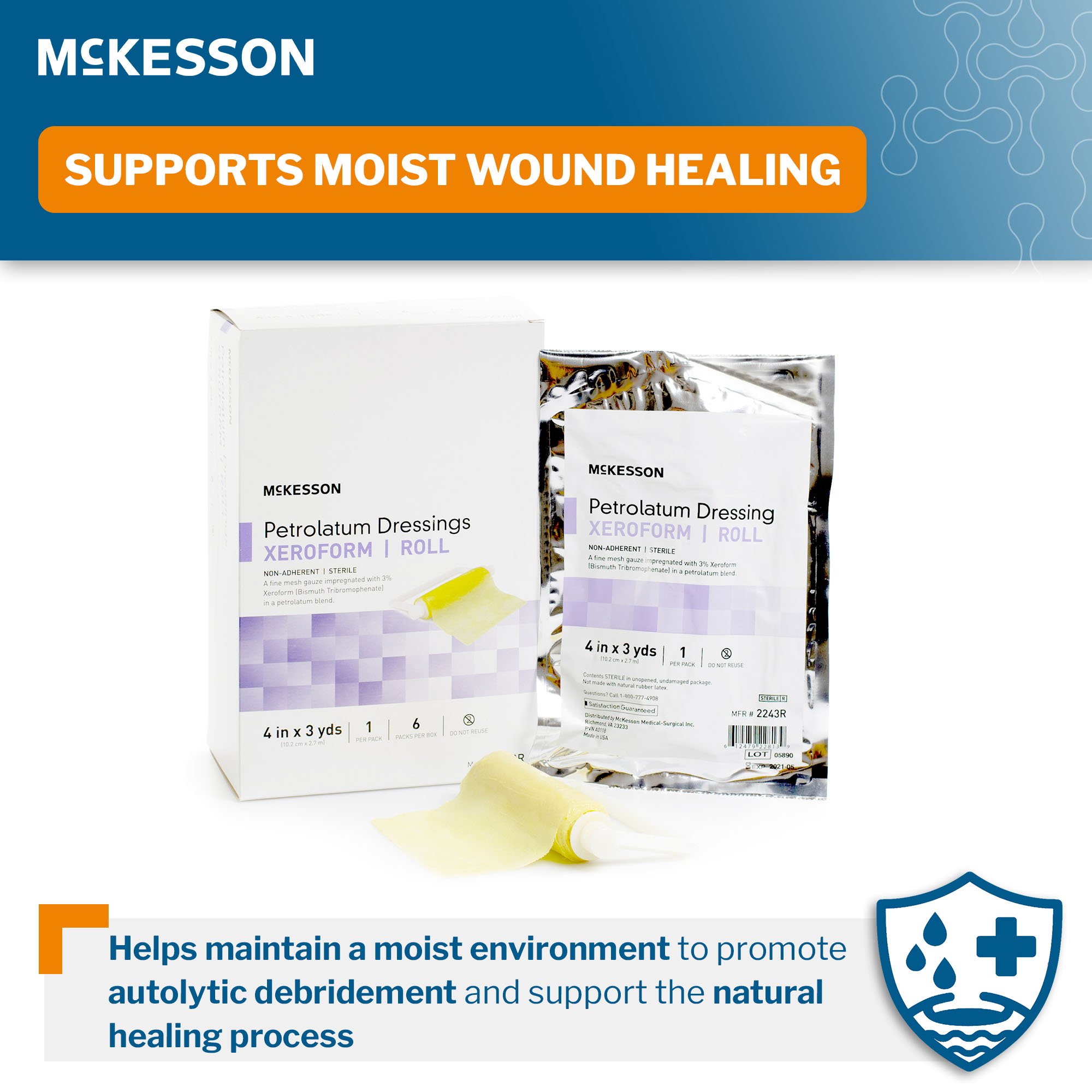 McKesson Brand 2243R - McKesson Xeroform Petrolatum Impregnated Dressing, 4 Inch x 3 Yard - 1/Roll, 6/Box, 36/Case