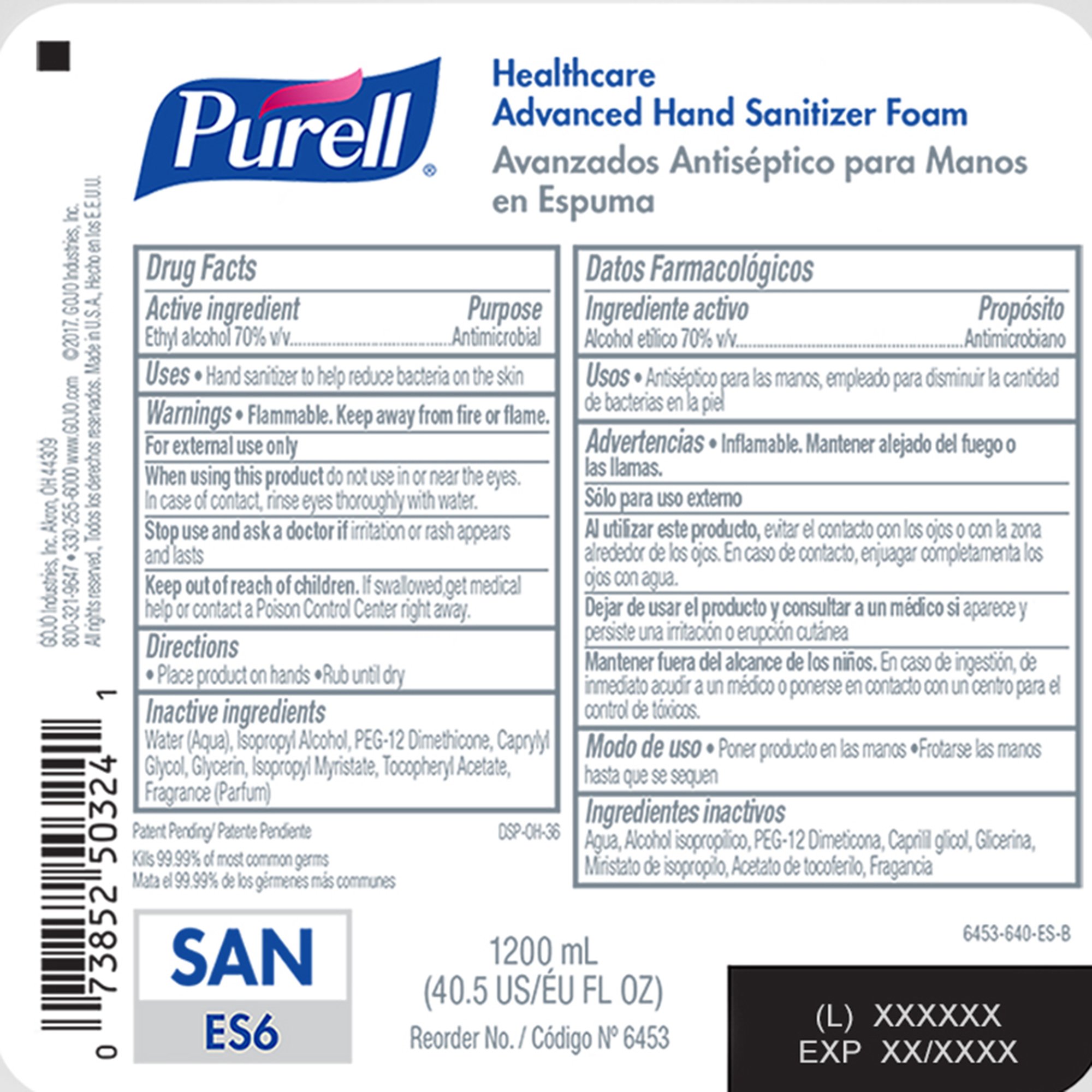 GOJO 6453-02 - Purell® Healthcare Advanced Hand Sanitizer Foam 1200 mL Refill for ES6 Dispenser - 2/Case