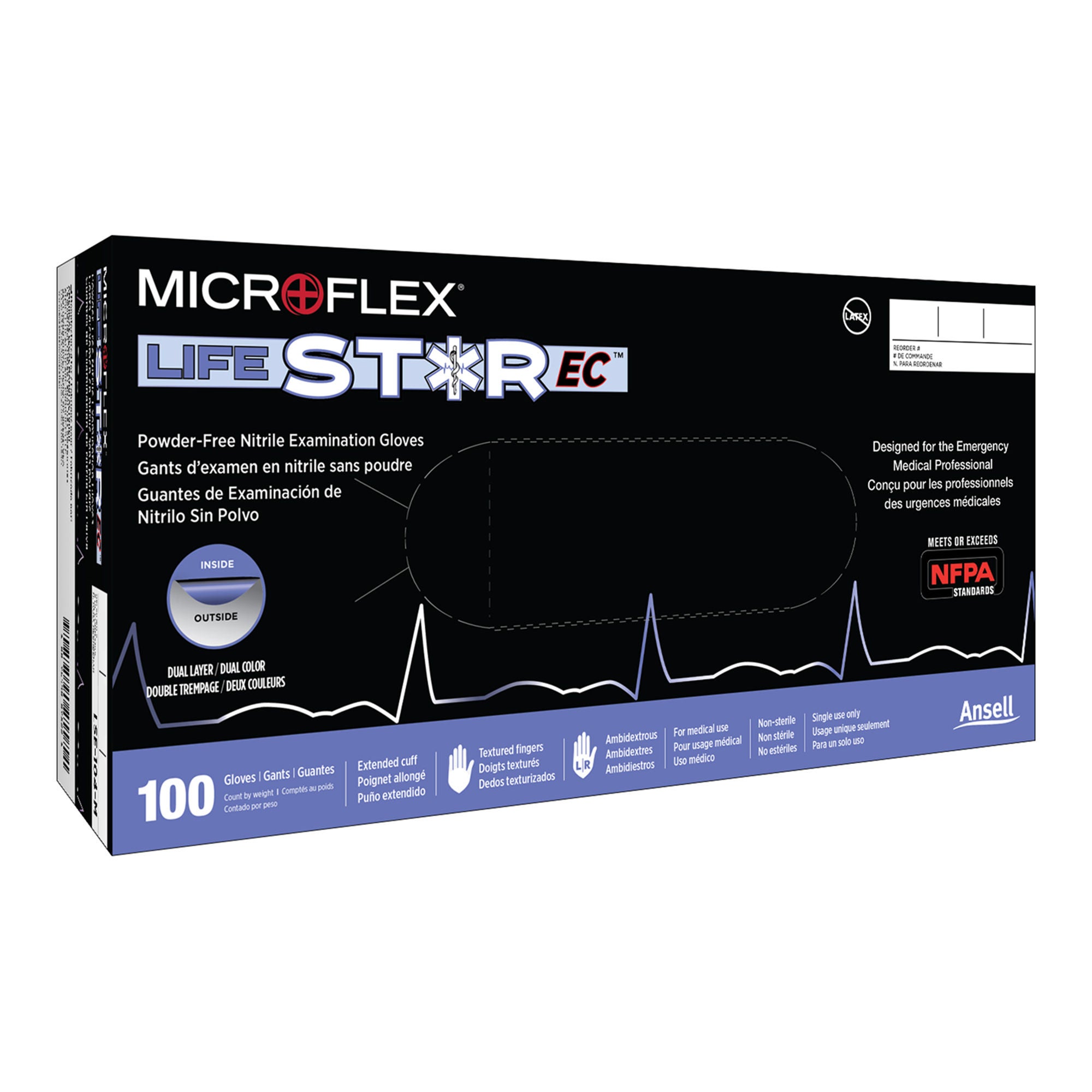 Microflex Medical - LSE-104-3XL Exam Glove LifeStar™ EC 3X-Large 100 per Box NonSterile Nitrile Extended Cuff Length Textured Fingertips White / Blue Fentanyl Tested