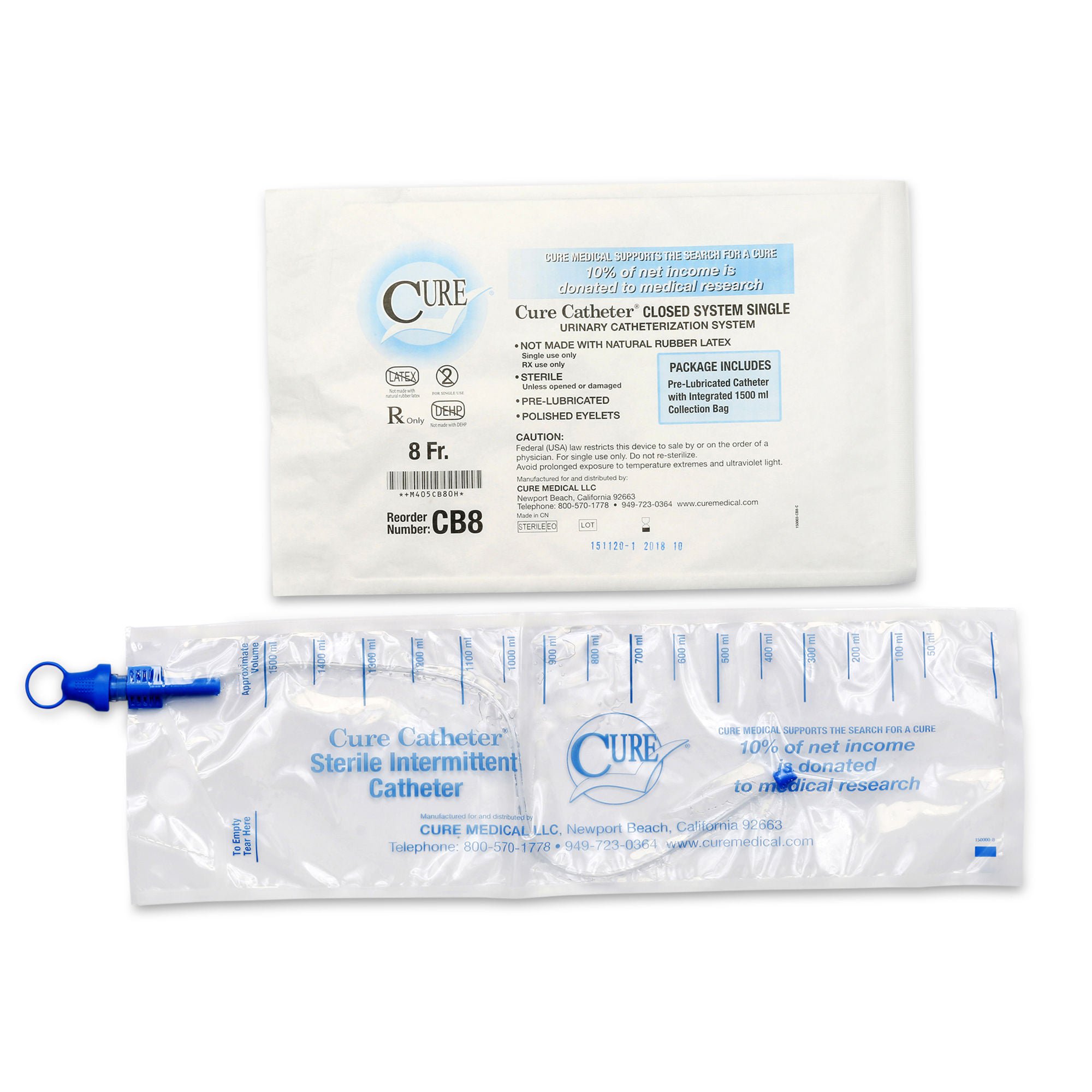 ConvaTec - CB8 Intermittent Closed System Catheter Cure Catheter® Closed System Unisex / Straight Tip 8 Fr. Without Balloon