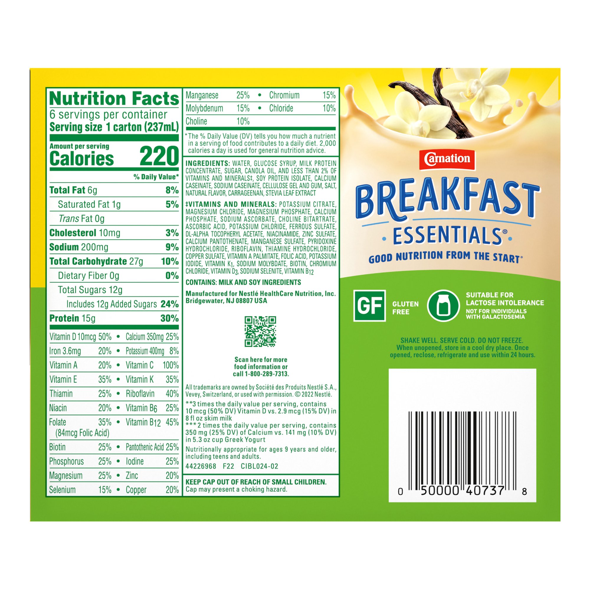 Nestle Healthcare Nutrition 12269922 - Carnation Breakfast Essentials® High Protein Vanilla Nutritional Drink, 8 ounces - 6/Pack, 24/Case