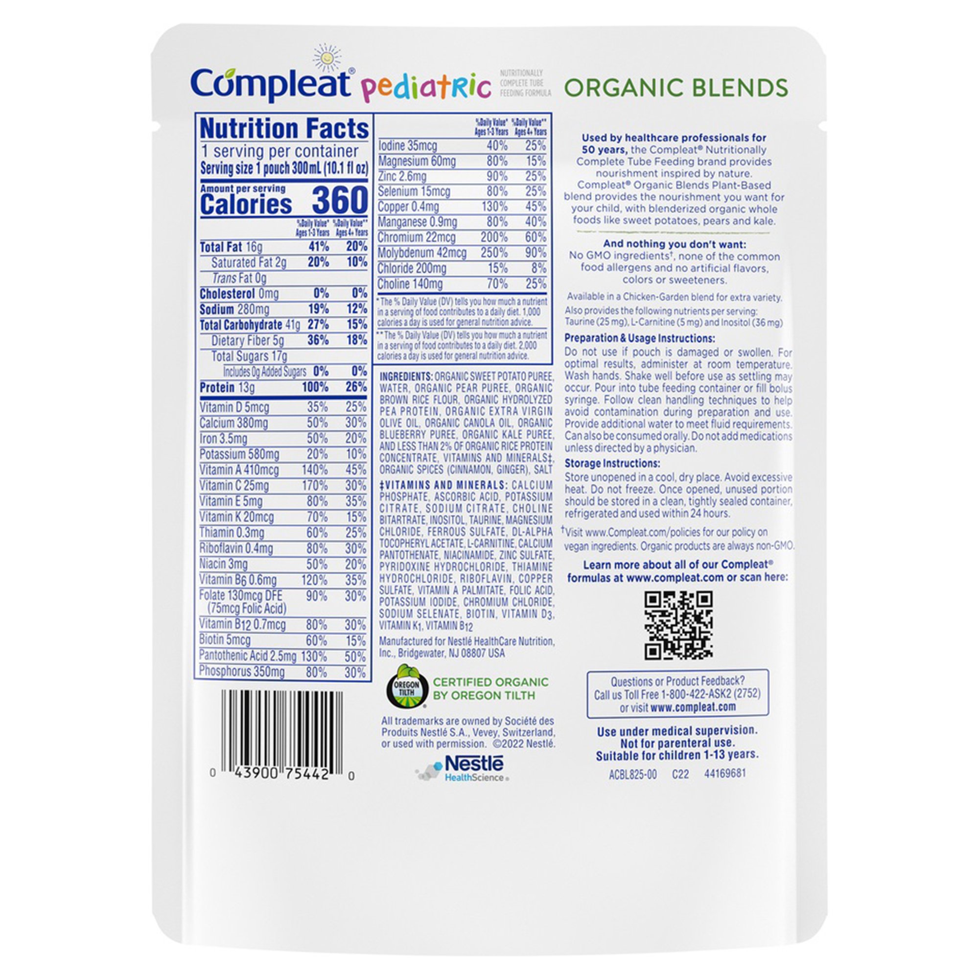 Nestle Healthcare Nutrition 00043900117218 - Compleat® Pediatric Organic Blends Tube Feeding Formula, Plant-Based, Non-GMO - 1/Each, 24/Case