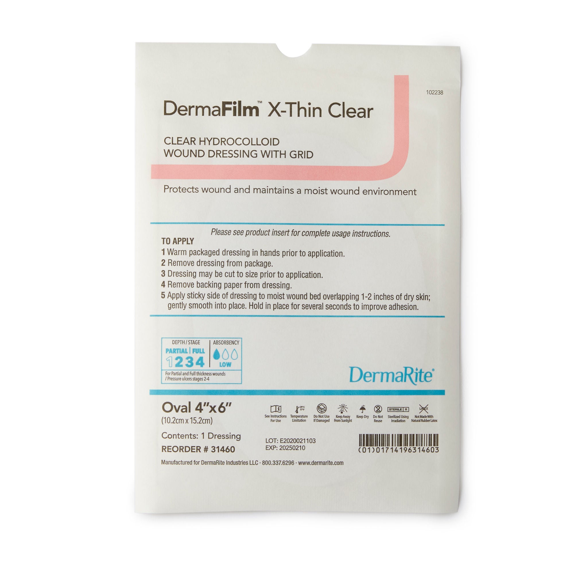 DermaRite Industries - 31460 Thin Hydrocolloid Dressing DermaFilm® Film Backing 4 X 6 Inch Oval Hydrocolloid / Film