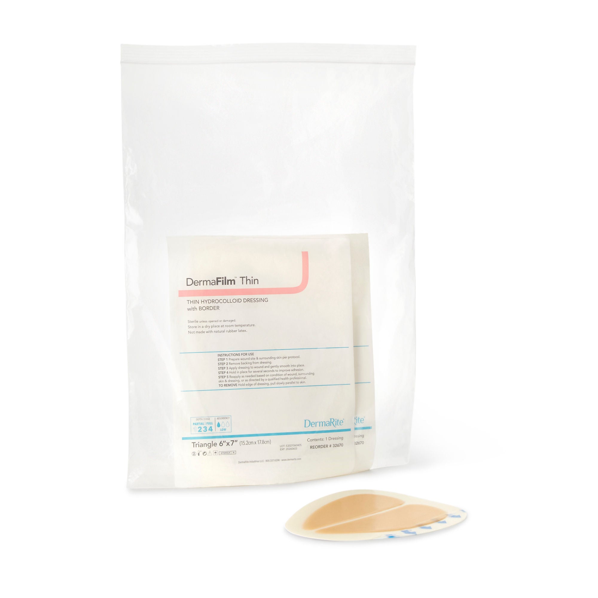DermaRite Industries - 32670 Thin Hydrocolloid Dressing DermaFilm® Film Backing 6 X 7 Inch Triangle Hydrocolloid / Film