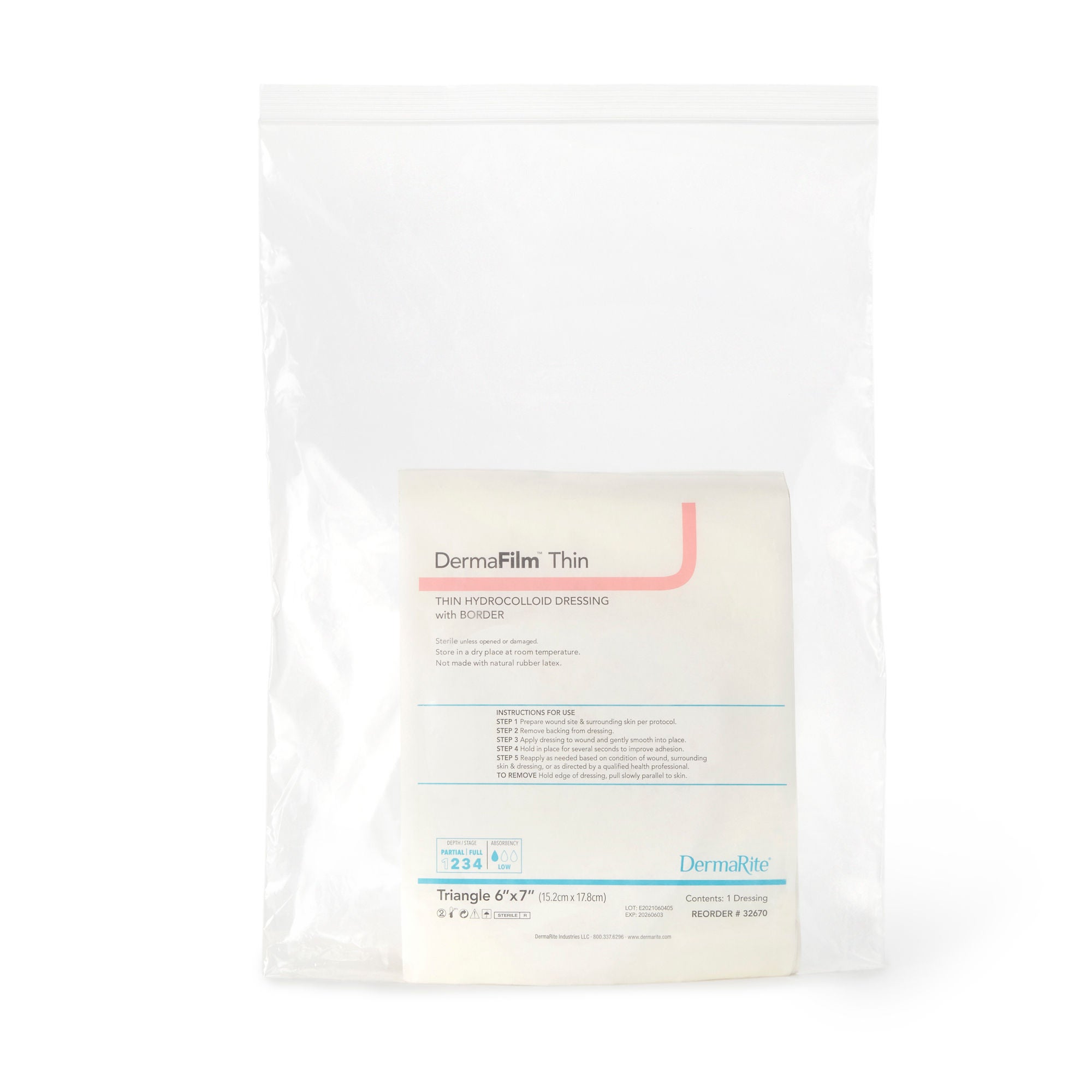 DermaRite Industries - 32670 Thin Hydrocolloid Dressing DermaFilm® Film Backing 6 X 7 Inch Triangle Hydrocolloid / Film