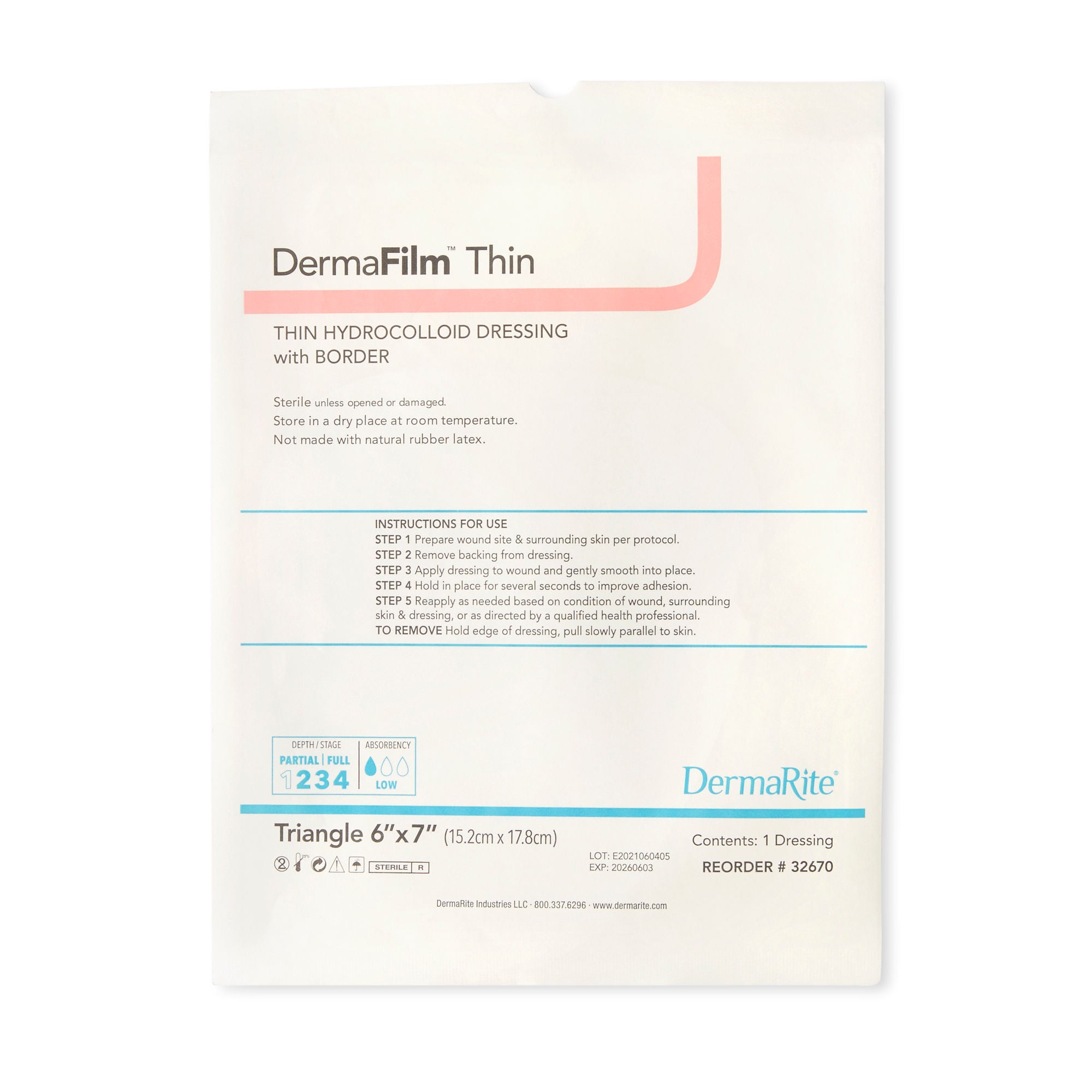DermaRite Industries - 32670 Thin Hydrocolloid Dressing DermaFilm® Film Backing 6 X 7 Inch Triangle Hydrocolloid / Film