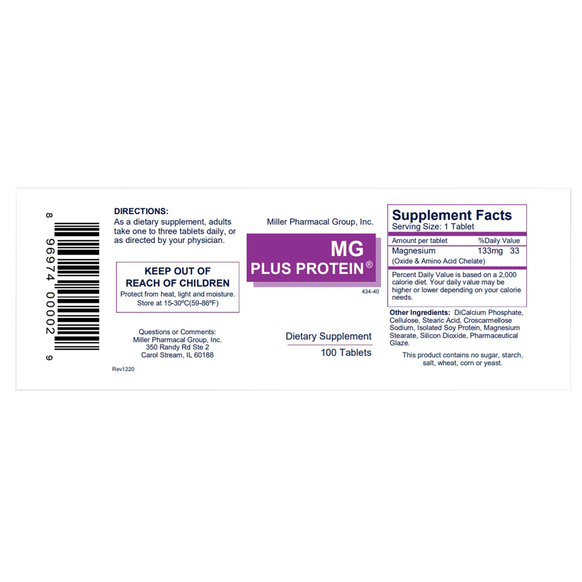Miller Pharmacal Group - 17204043440 Mineral Supplement Mag Plus Protein Magnesium 133 mg Strength Tablet 100 per Bottle