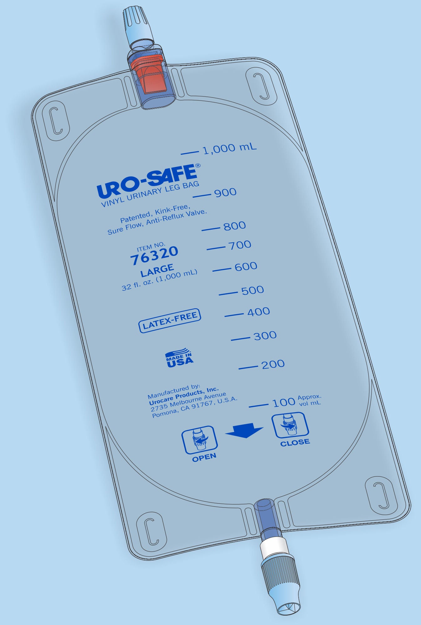 Urocare Products - 7632012 Urinary Leg Bag Uro-Safe® Anti-Reflux Valve Sterile 950 mL Vinyl