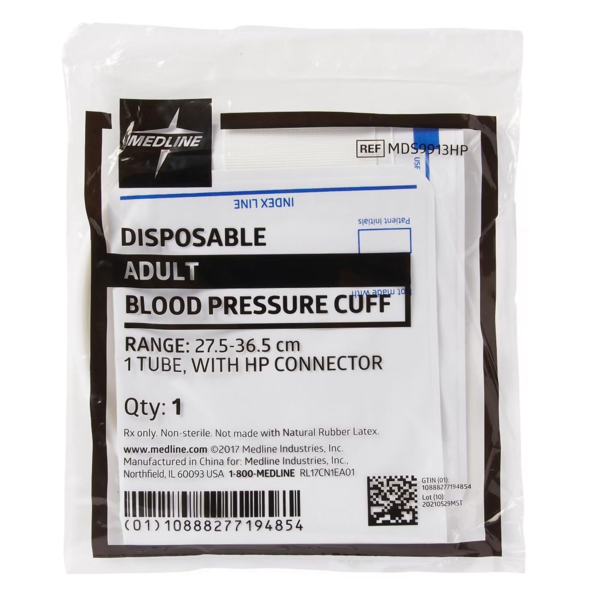 Medline - MDS9913HP Single Patient Use Blood Pressure Cuff Greensmart 25 to 34 cm Arm Polyester Fabric Cuff Adult Cuff