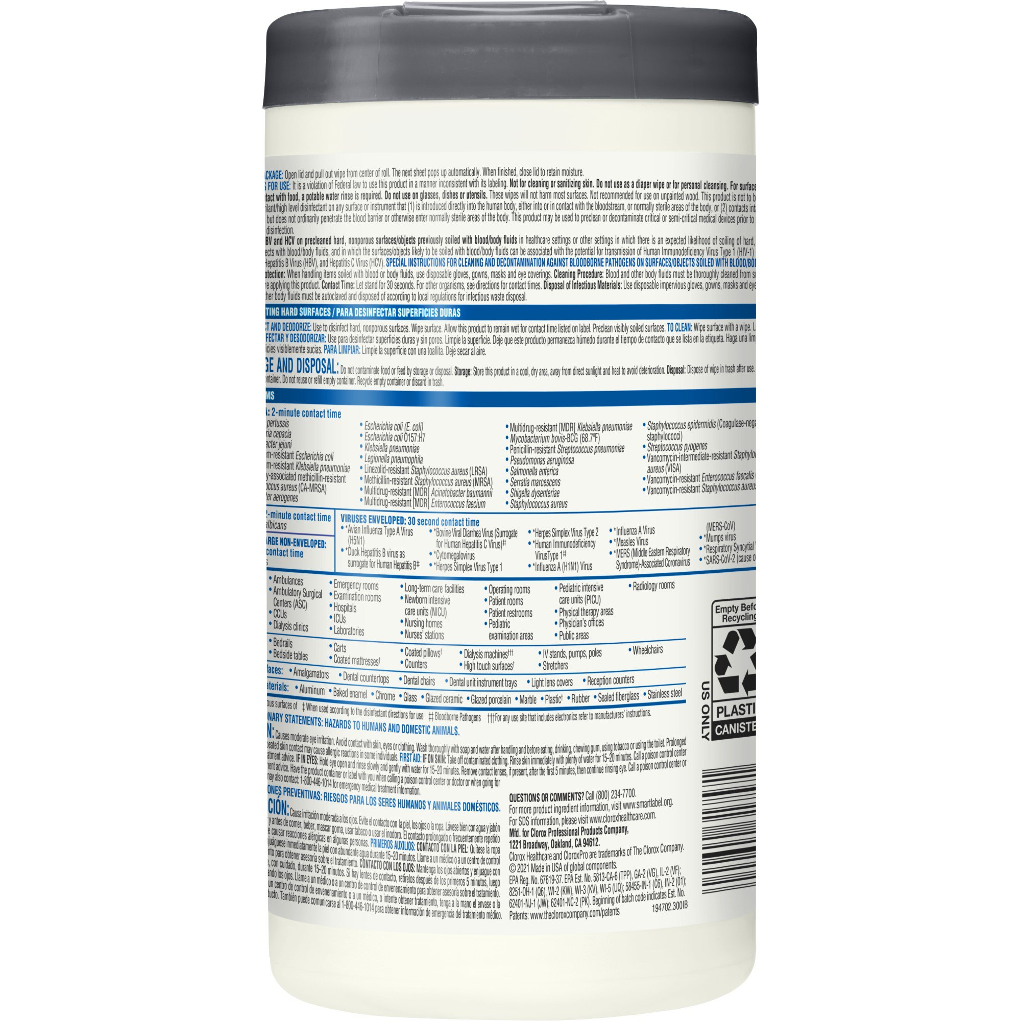 The Clorox Company 31757 - Clorox Healthcare® VersaSure® Cleaner Disinfectant Wipes, Canister - 1/Carton, 6/Case