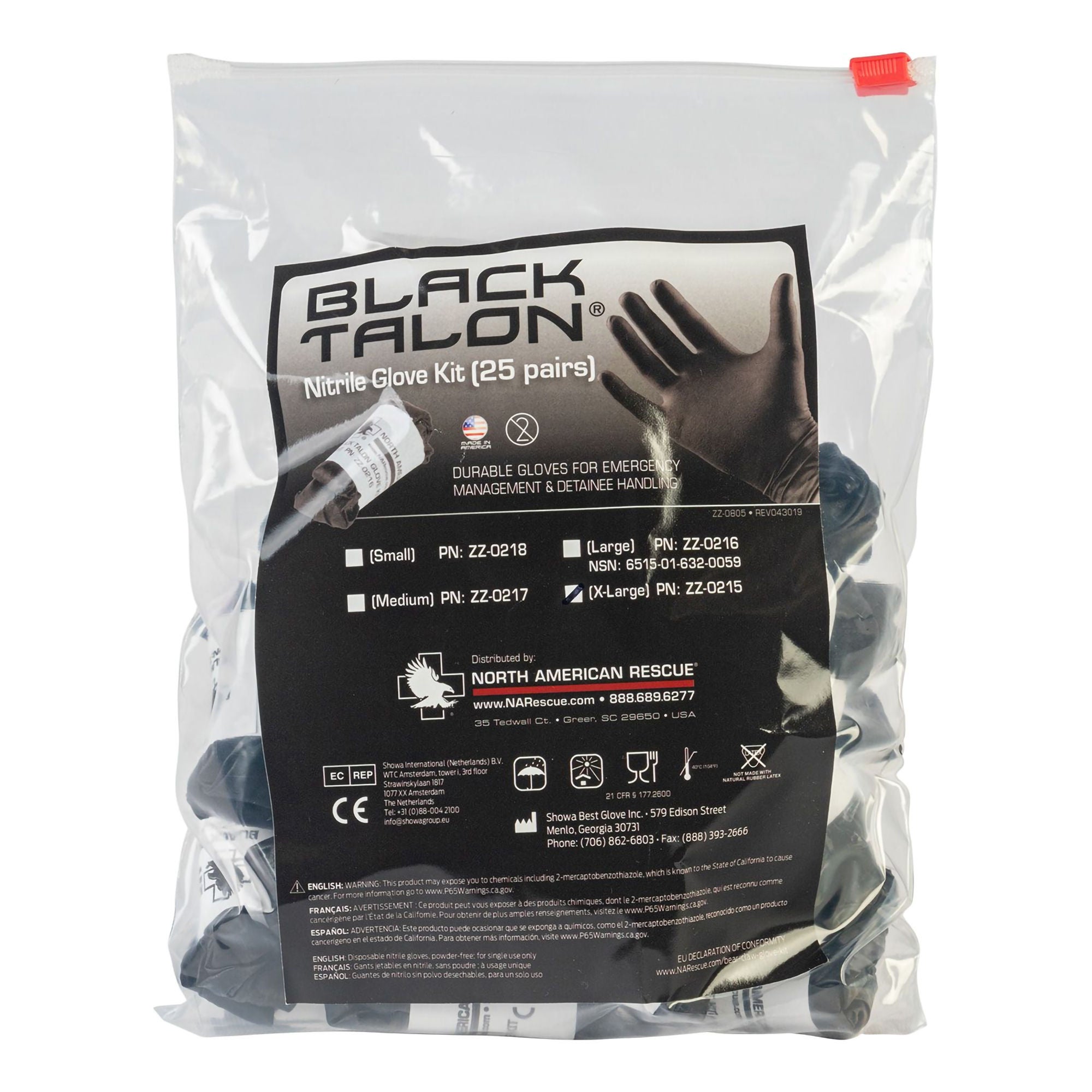 North American Rescue - ZZ-0215 Exam Glove Black Talon® X-Large 25 Pairs per Bag NonSterile Nitrile Extended Cuff Length Fully Textured Black Not Rated