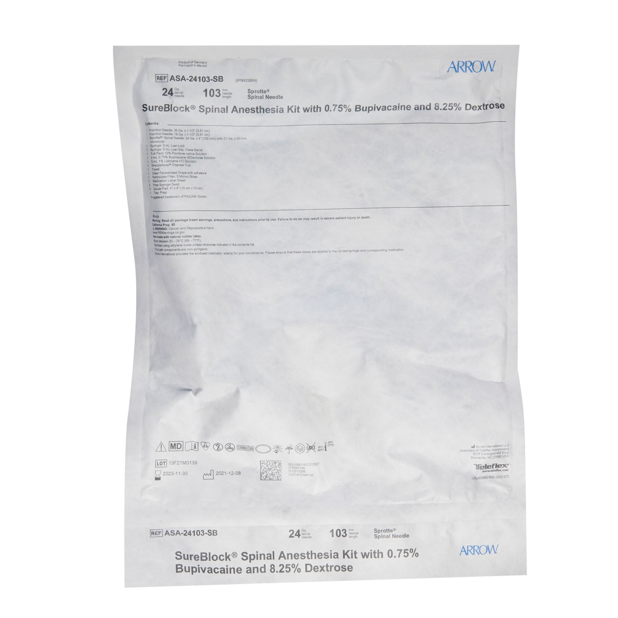 Teleflex Medical - ASA-24103-SB Spinal Anesthesia Tray Arrow™ SureBlock™ 24 Gauge 4 Inch