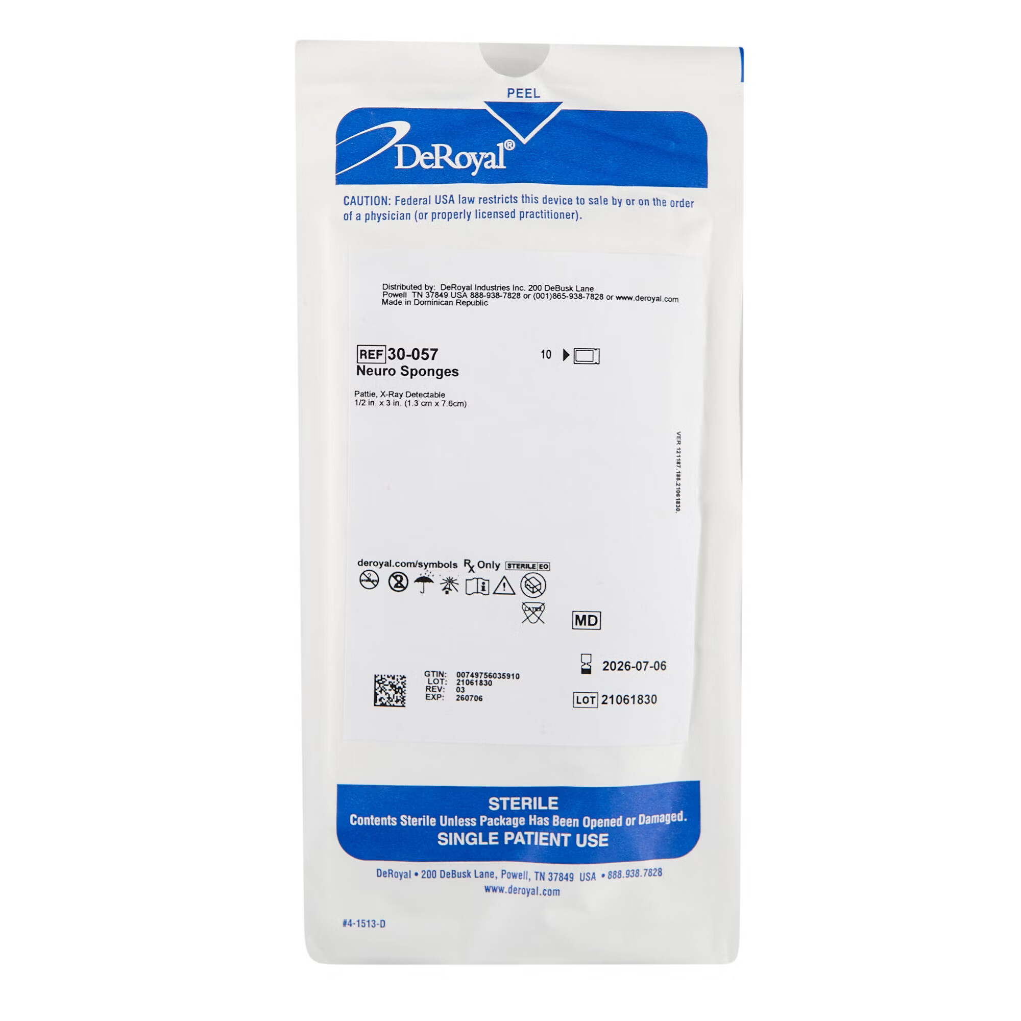 DeRoyal - 30-057 Surgical Neuro Sponge X-Ray Detectable Rayon 1/2 X 3 Inch 10 Count Pack Sterile