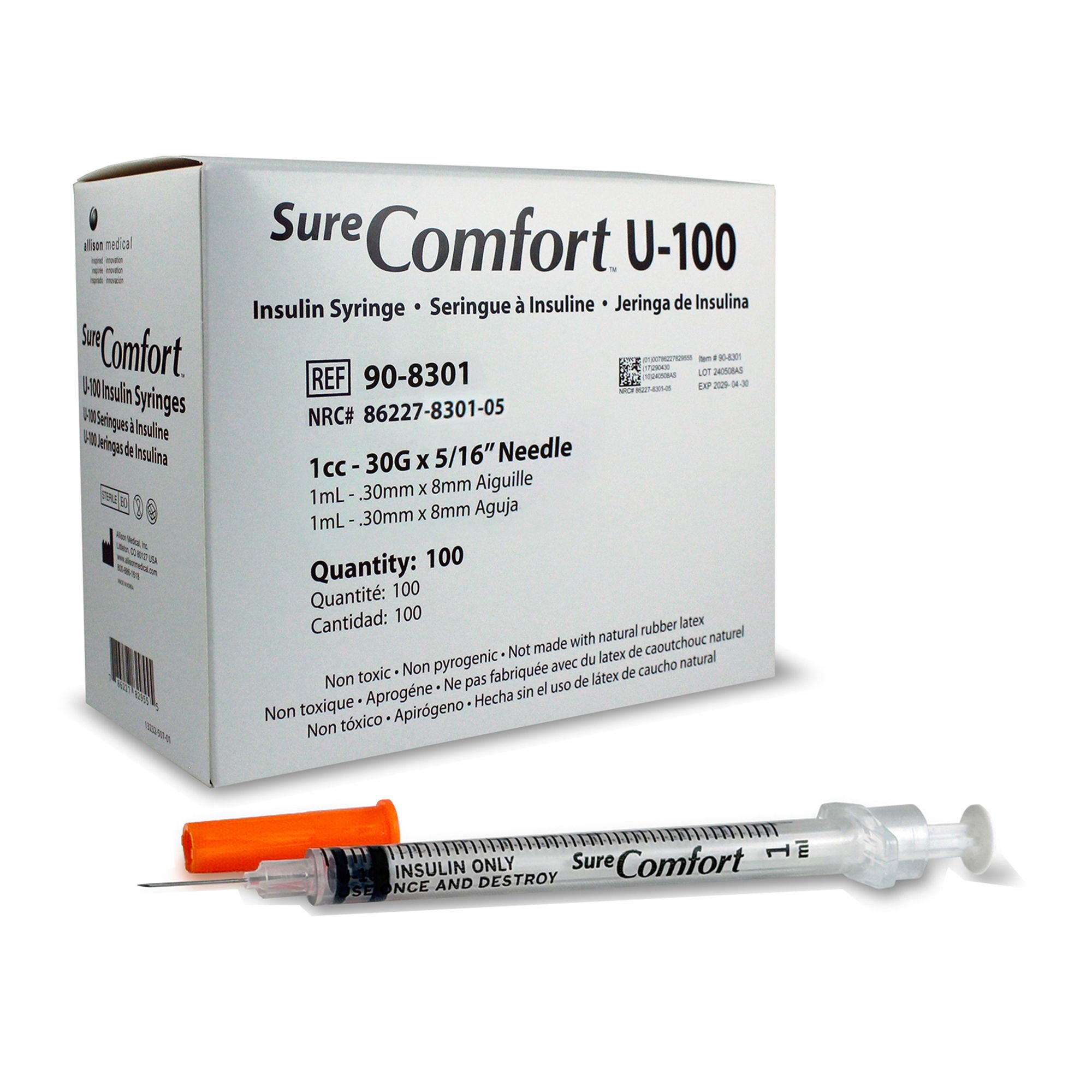 Allison Medical Inc - 90-8301 Standard Insulin Syringe with Needle Surecomfort® 1 mL 5/16 Inch 30 Gauge NonSafety Regular Wall