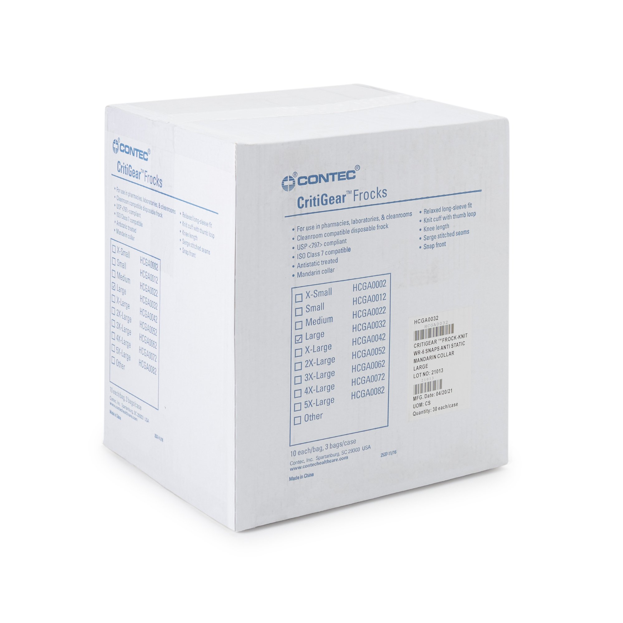 Contec Inc HCGA0032 - Contec® CritiGear ™ Cleanroom Frocks, Large - 10/Bag, 30/Case