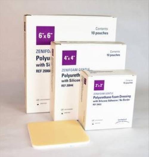 Focus Health Group - 20066 Foam Dressing Zenifoam Gentle 6 X 6 Inch Without Border Waterproof Backing Silicone Adhesive Square Sterile