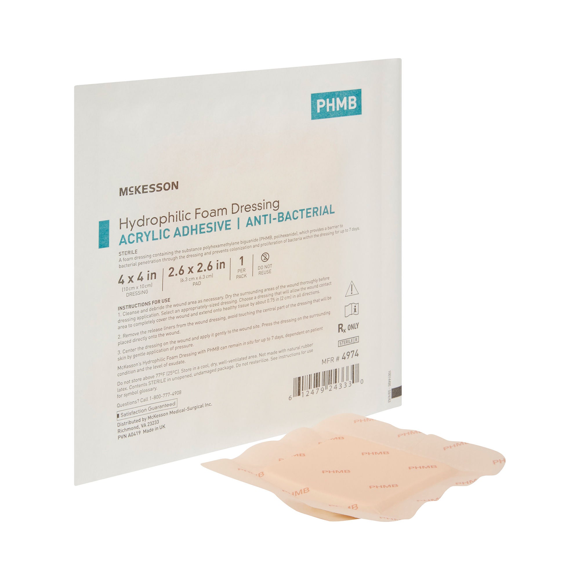 McKesson Brand - 4974 Antibacterial Foam Dressing McKesson 4 X 4 Inch With Border Waterproof Film Backing Acrylic Adhesive Square Sterile
