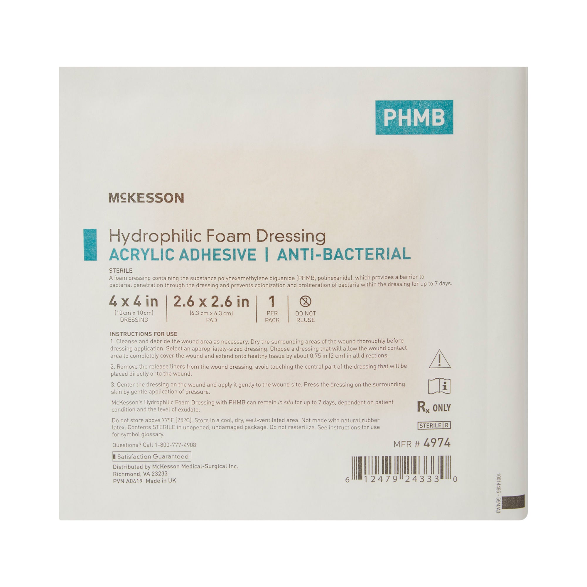 McKesson Brand - 4974 Antibacterial Foam Dressing McKesson 4 X 4 Inch With Border Waterproof Film Backing Acrylic Adhesive Square Sterile