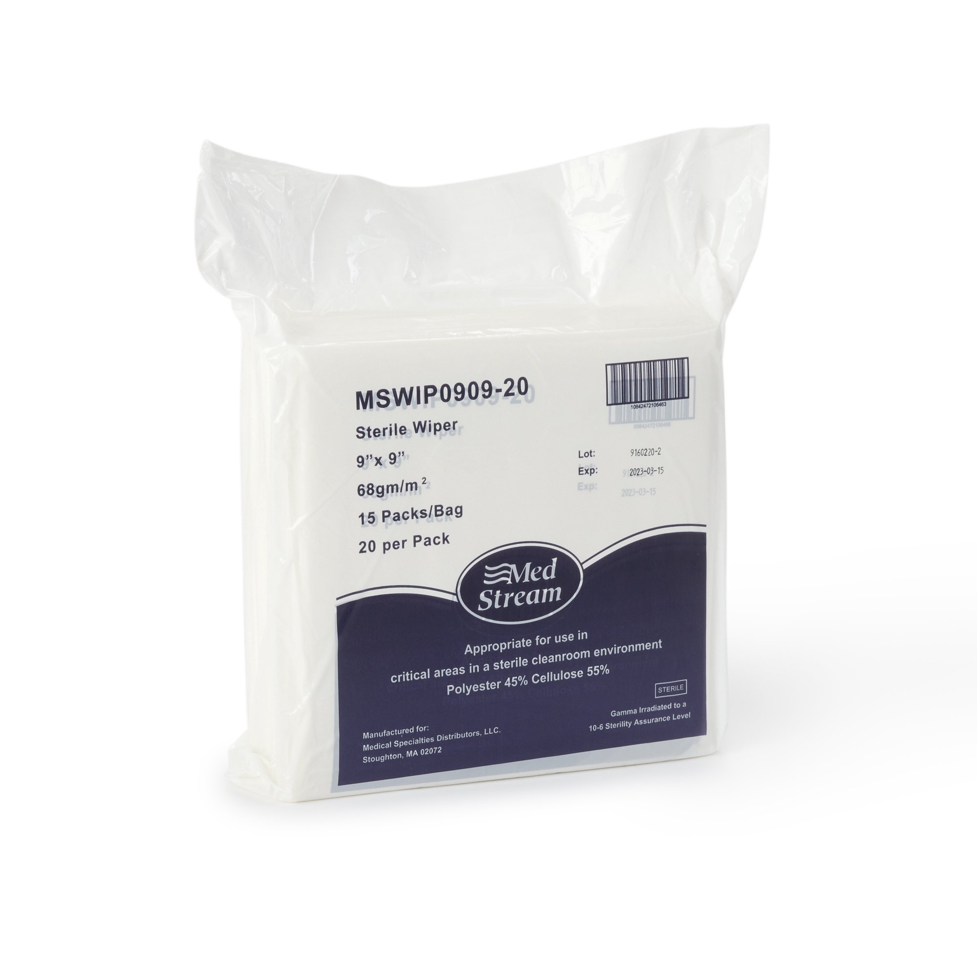 McKesson Brand MSWIP0909-20 - McKesson Cleanroom Wipe ISO Class 5, White, Sterile, Disposable, 9 x 9 Inch - 15/Bag, 180/Case